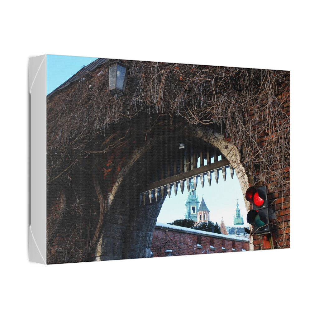 Historic City Arch Canvas Print — European Winter Street Scene Wall Art