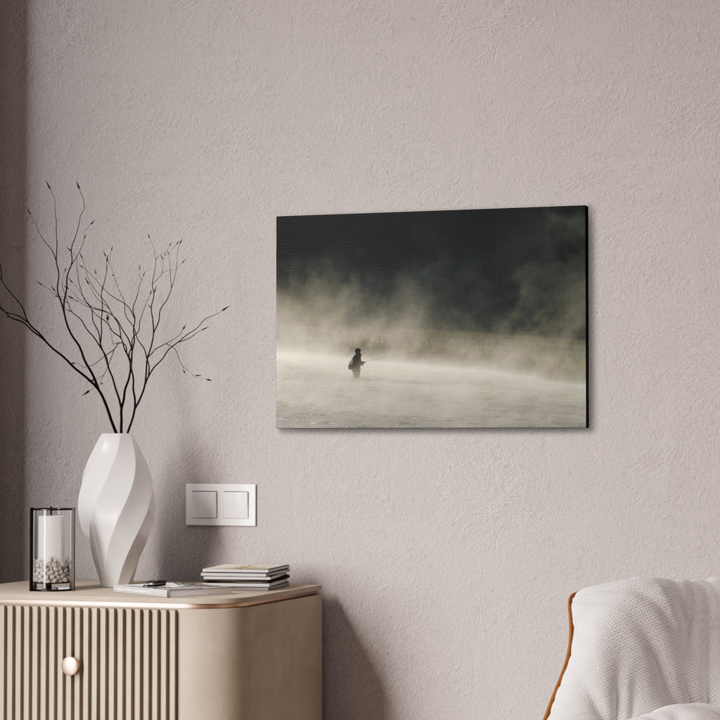 Misty Solitude Canvas Print — Lone Fisherman Foggy Lake Wall Art