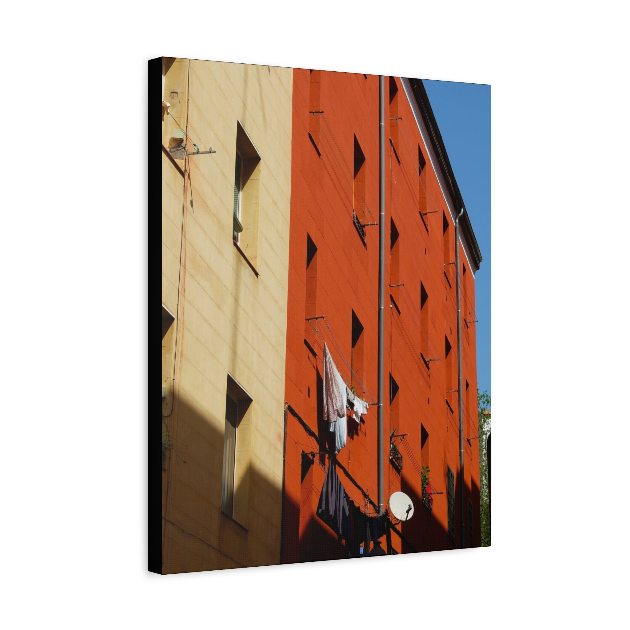 Spanish Facade Canvas Print — Colorful Apartment Building Wall Art on Matte Stretched Canvas