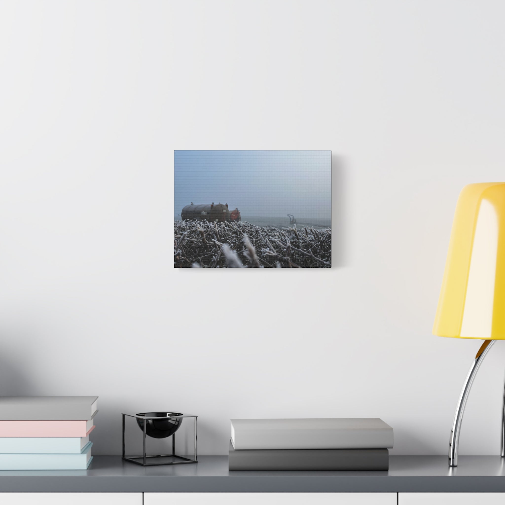Irish Frost Farm Canvas Print — Foggy Shoreline with Frosted Driftwood