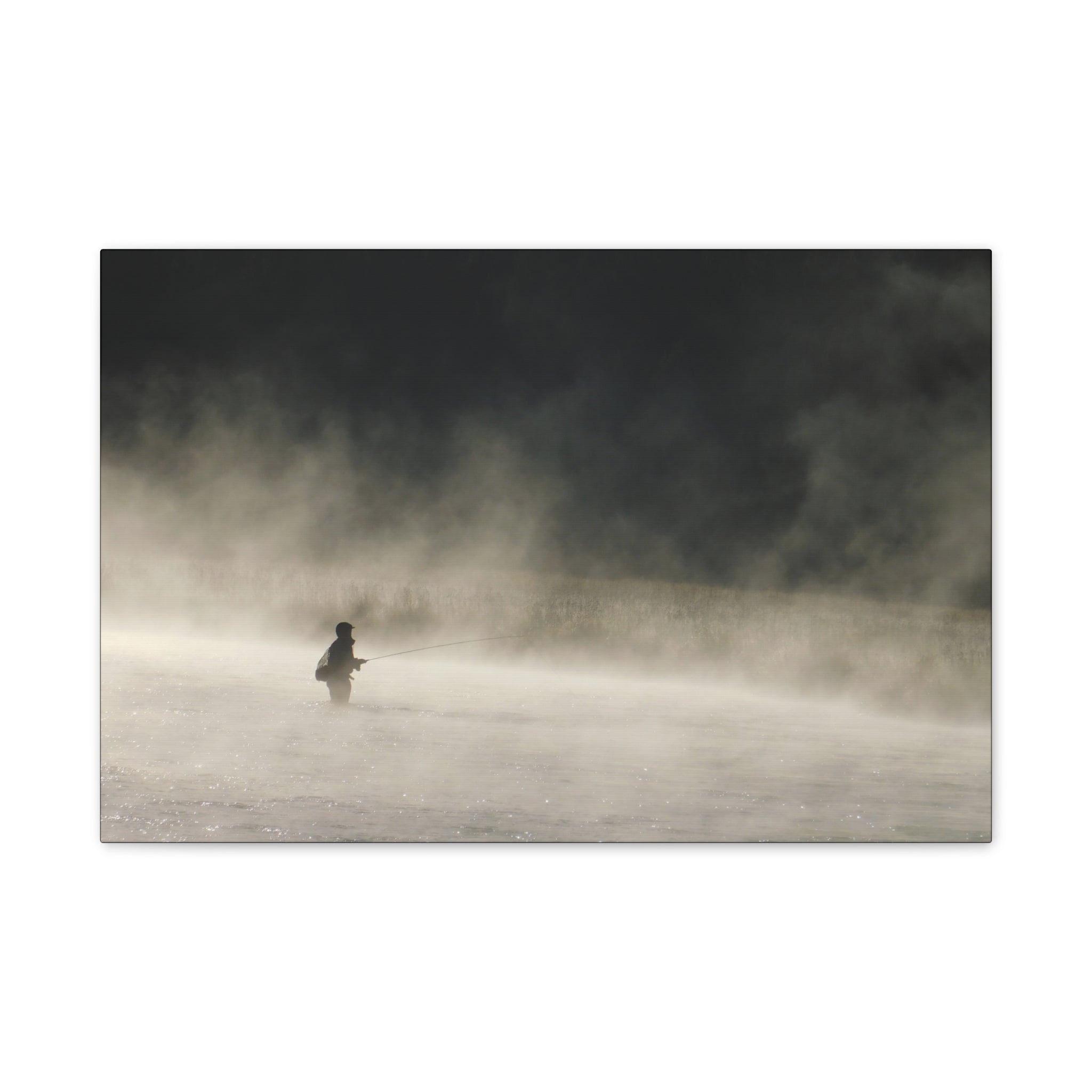 Misty Solitude Canvas Print — Lone Fisherman Foggy Lake Wall Art