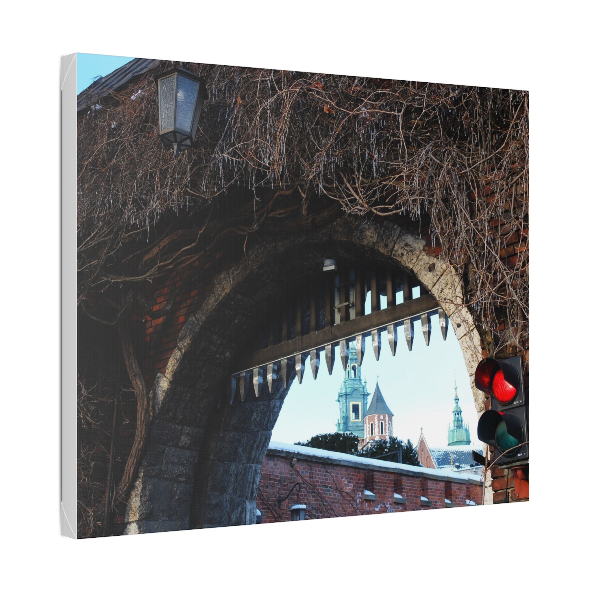 Historic City Arch Canvas Print — European Winter Street Scene Wall Art