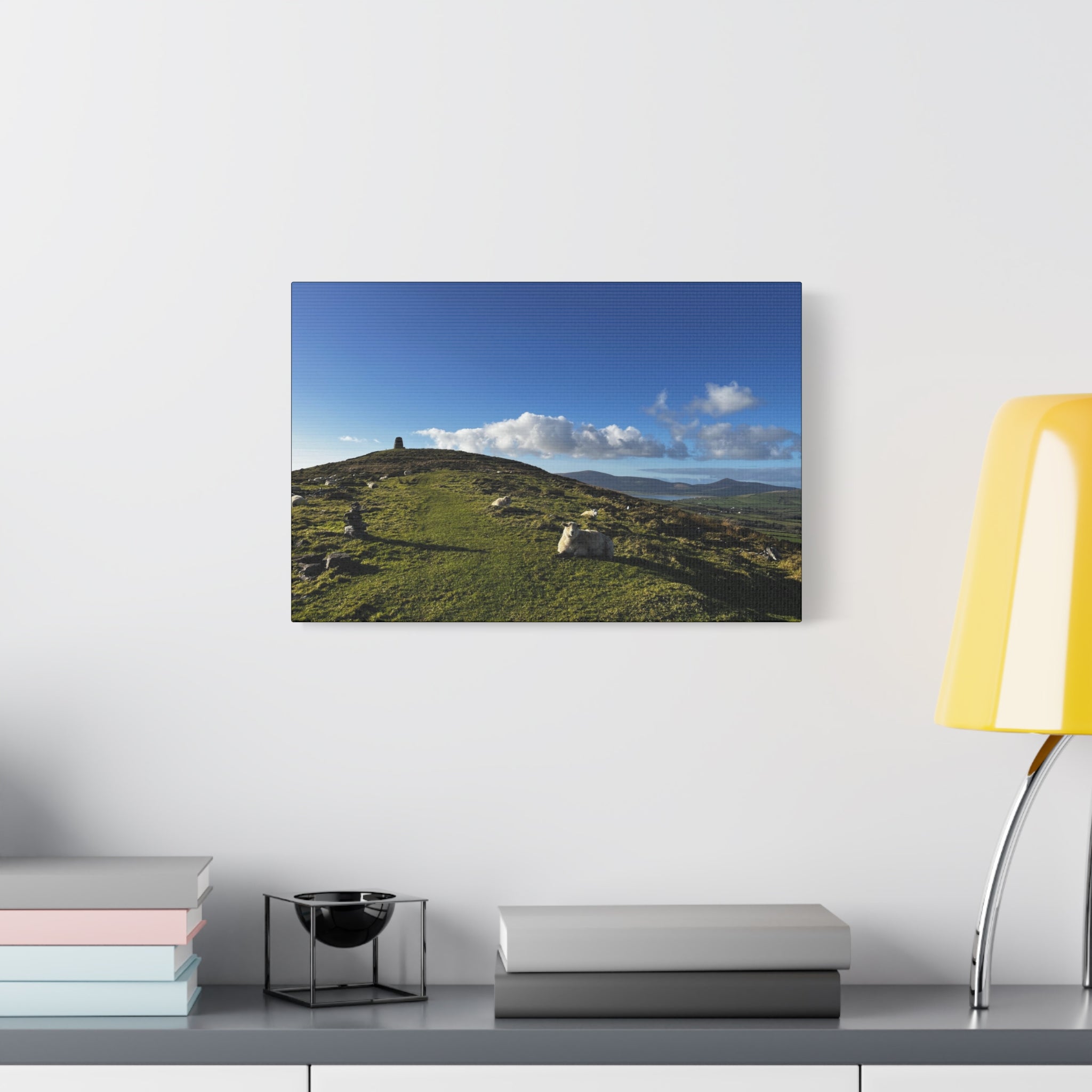 Sheep Lookout Canvas Print – Rolling Green Hills with Blue Sky