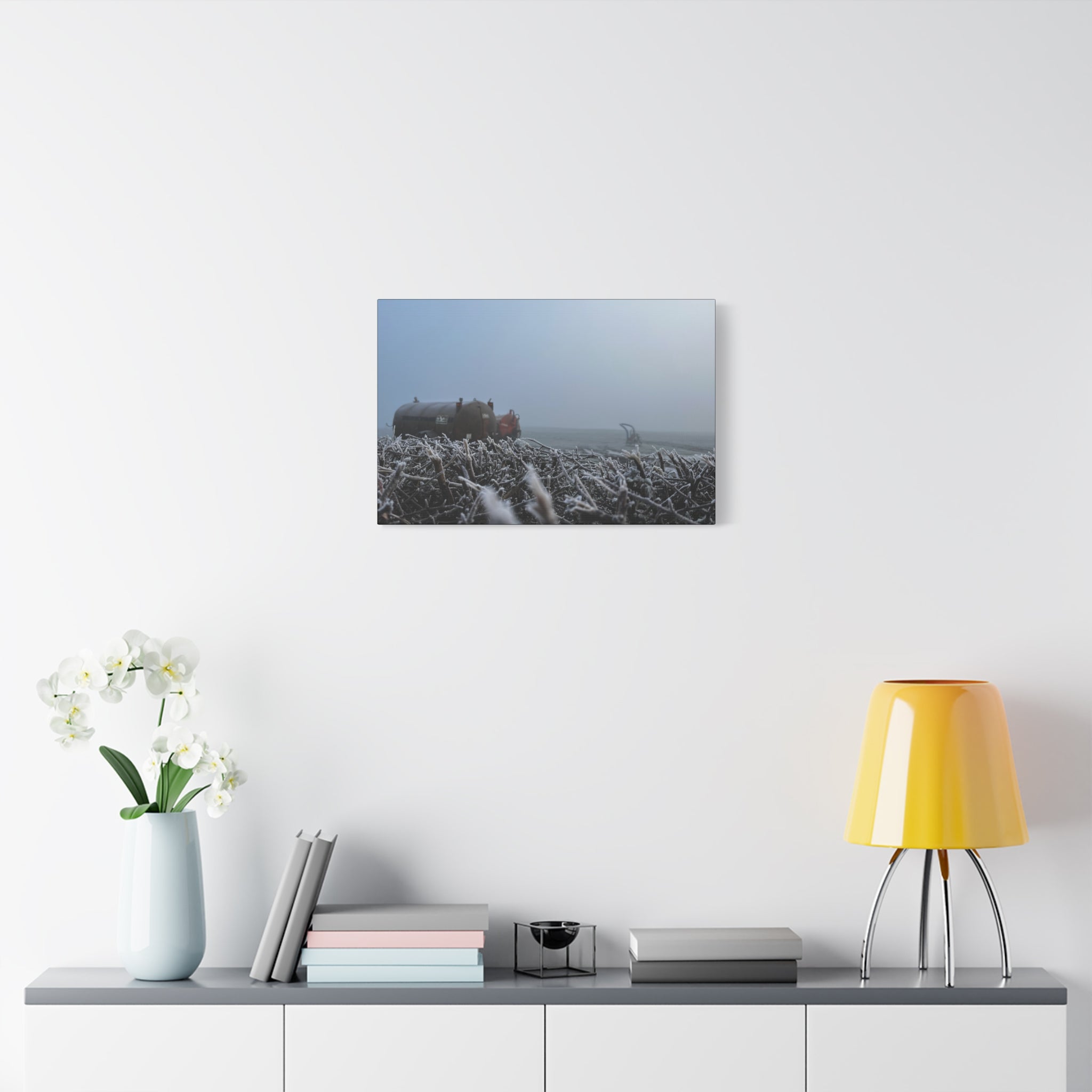 Irish Frost Farm Canvas Print — Foggy Shoreline with Frosted Driftwood