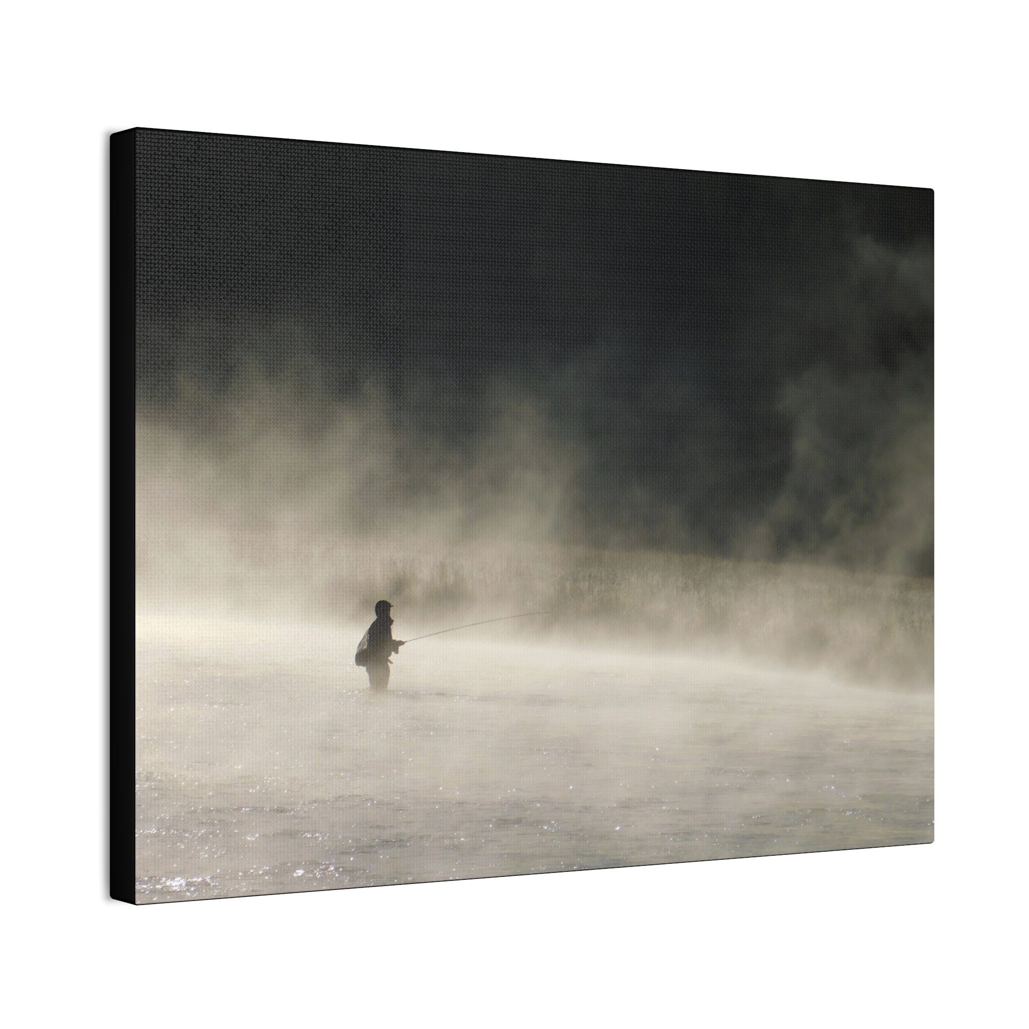 Misty Solitude Canvas Print — Lone Fisherman Foggy Lake Wall Art