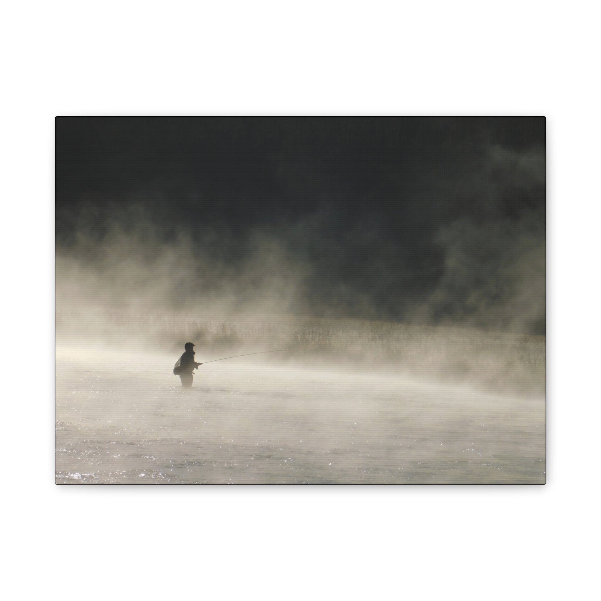 Misty Solitude Canvas Print — Lone Fisherman Foggy Lake Wall Art
