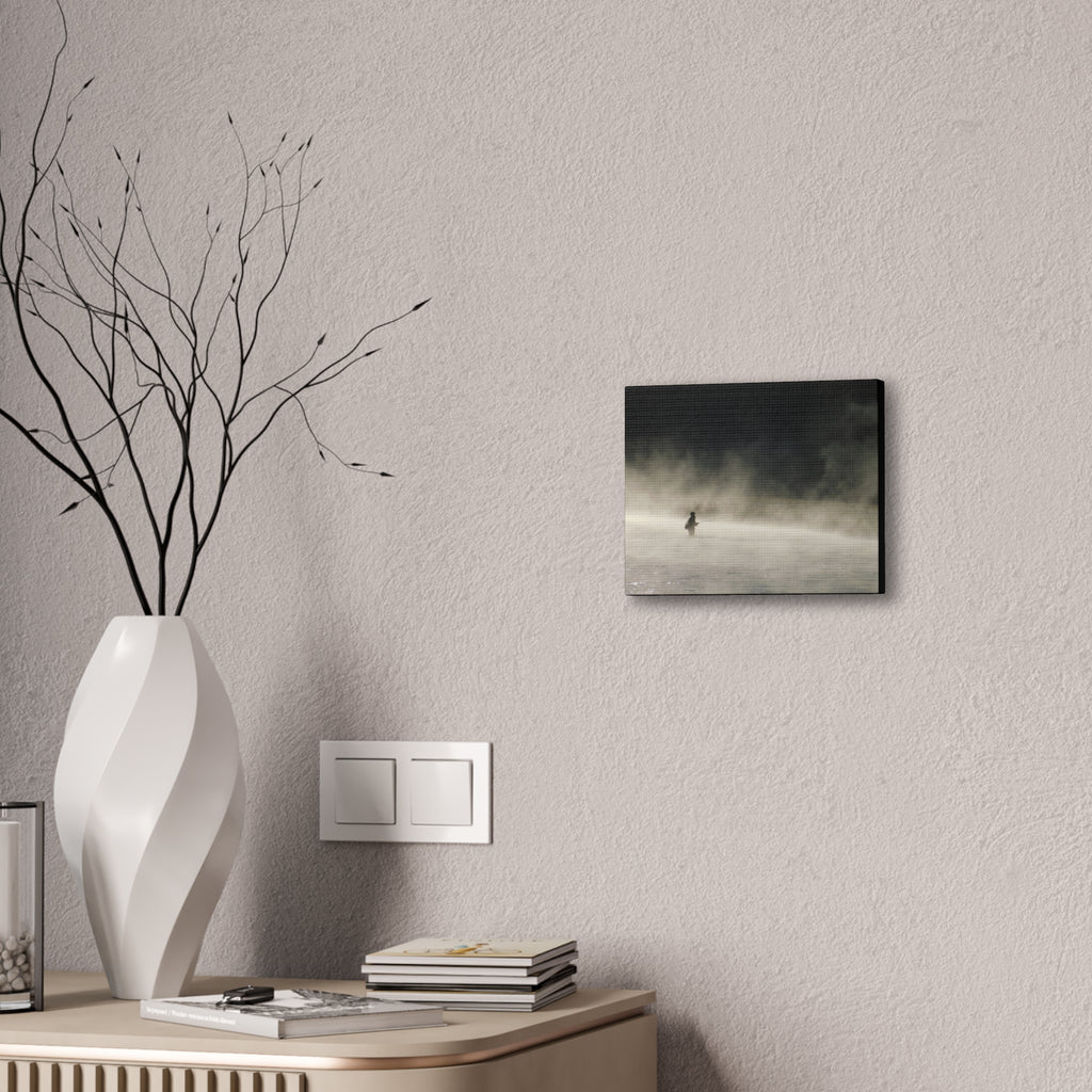 Misty Solitude Canvas Print — Lone Fisherman Foggy Lake Wall Art