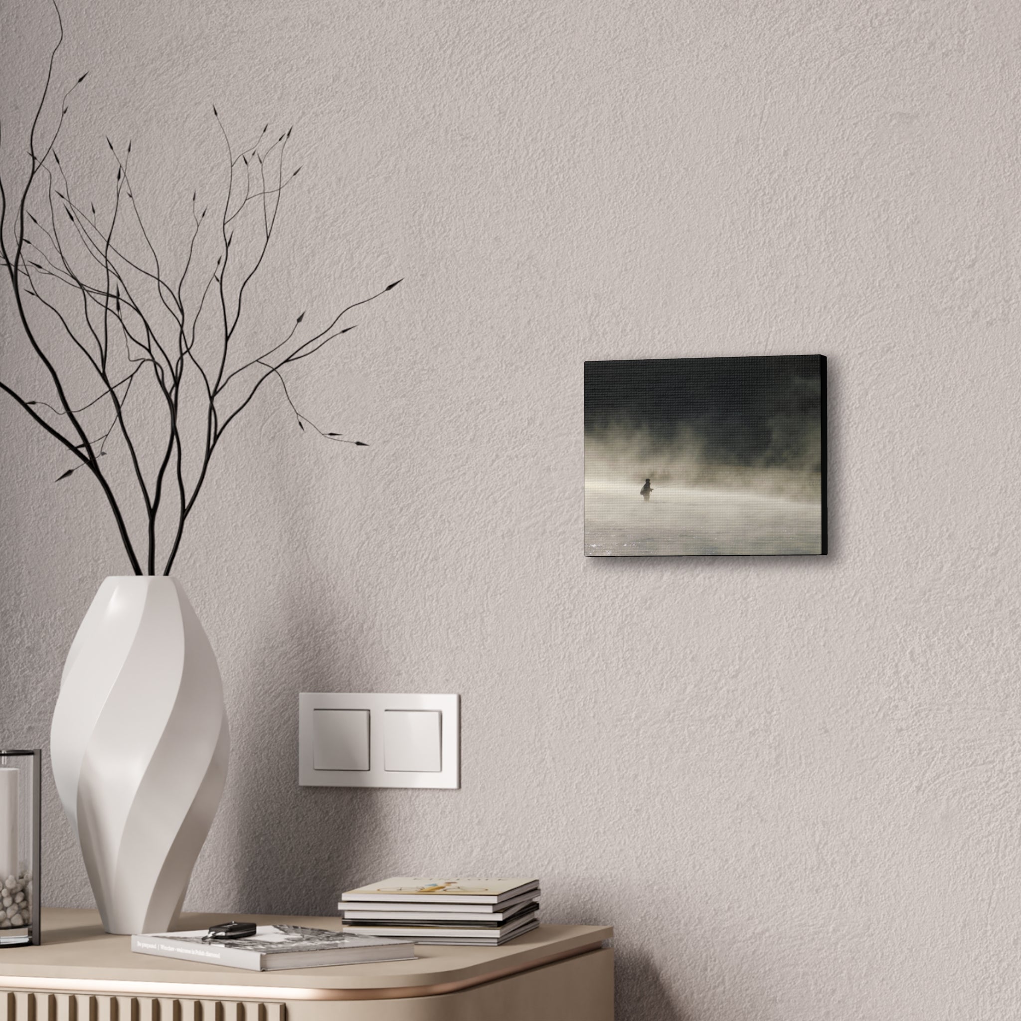 Misty Solitude Canvas Print — Lone Fisherman Foggy Lake Wall Art