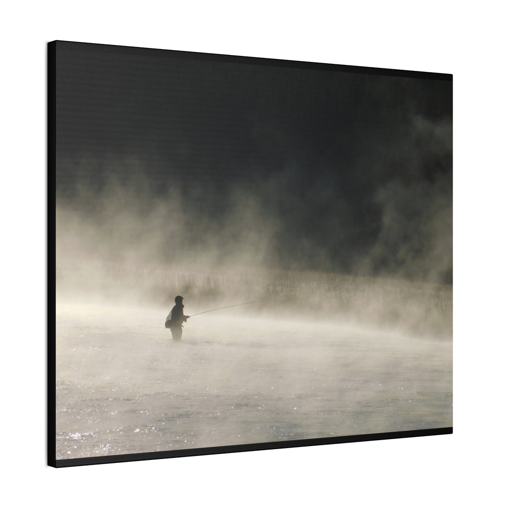 Misty Solitude Canvas Print — Lone Fisherman Foggy Lake Wall Art