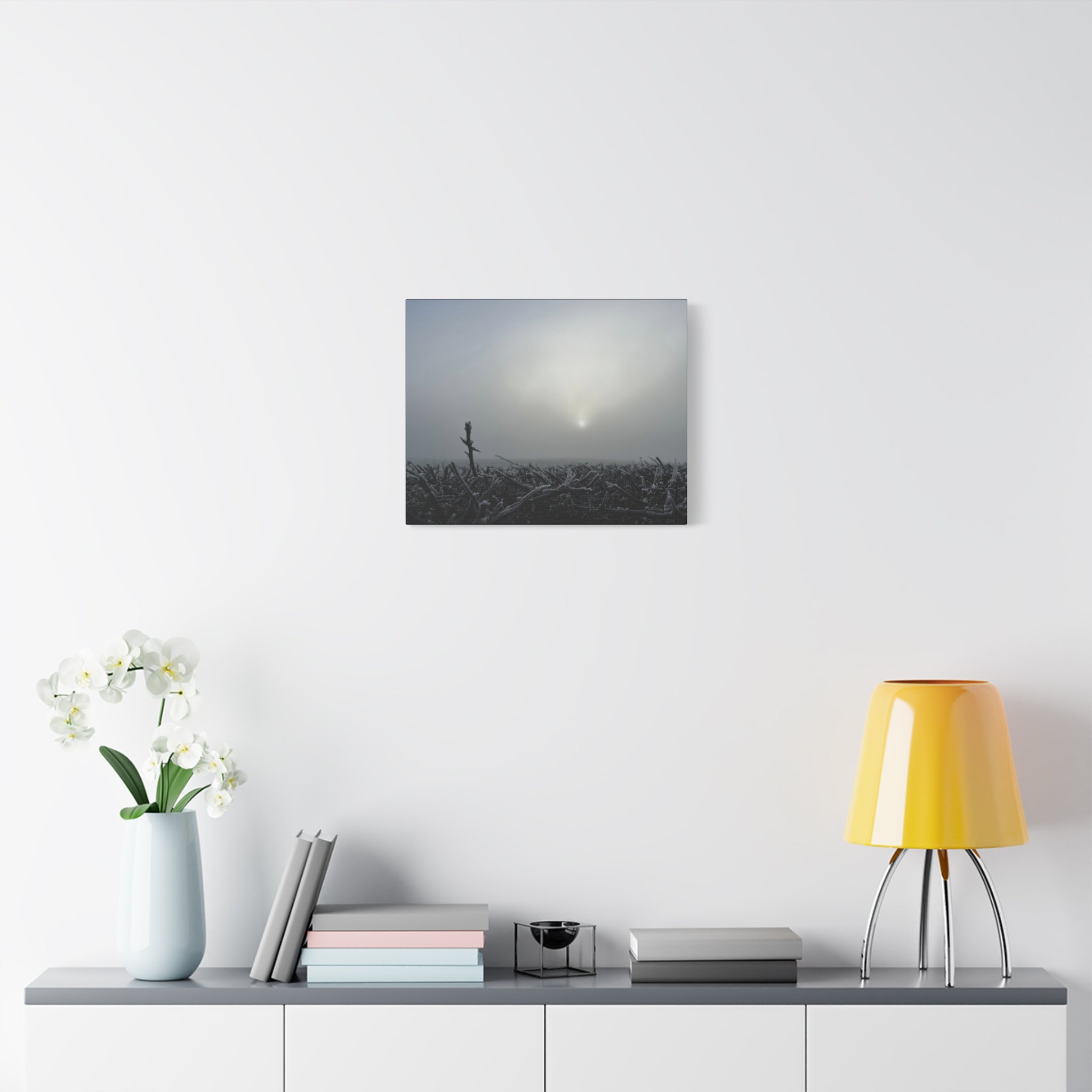 Foggy Sunrise Matte Canvas Wall Art – Moody Winter Landscape