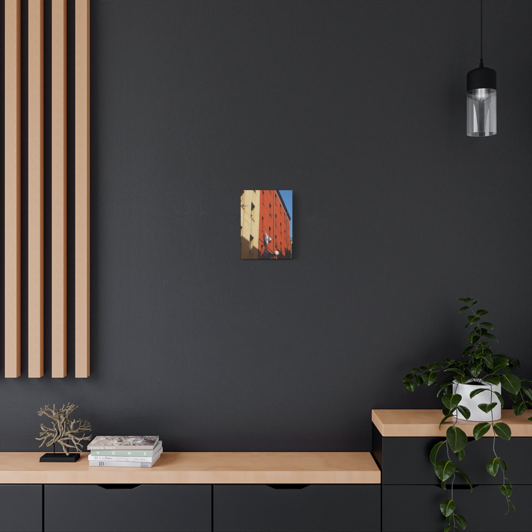 Spanish Facade Canvas Print — Colorful Apartment Building Wall Art on Matte Stretched Canvas