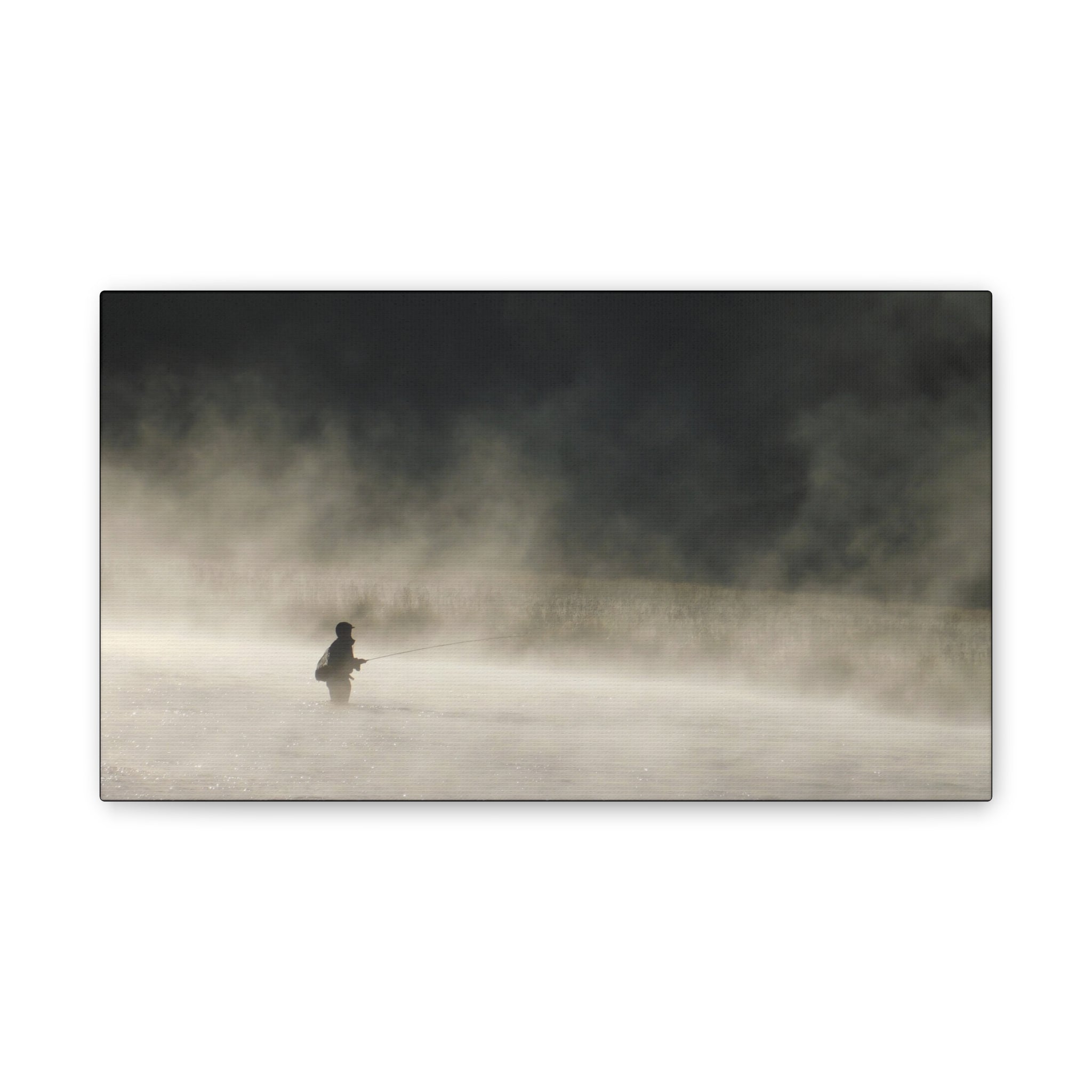 Misty Solitude Canvas Print — Lone Fisherman Foggy Lake Wall Art