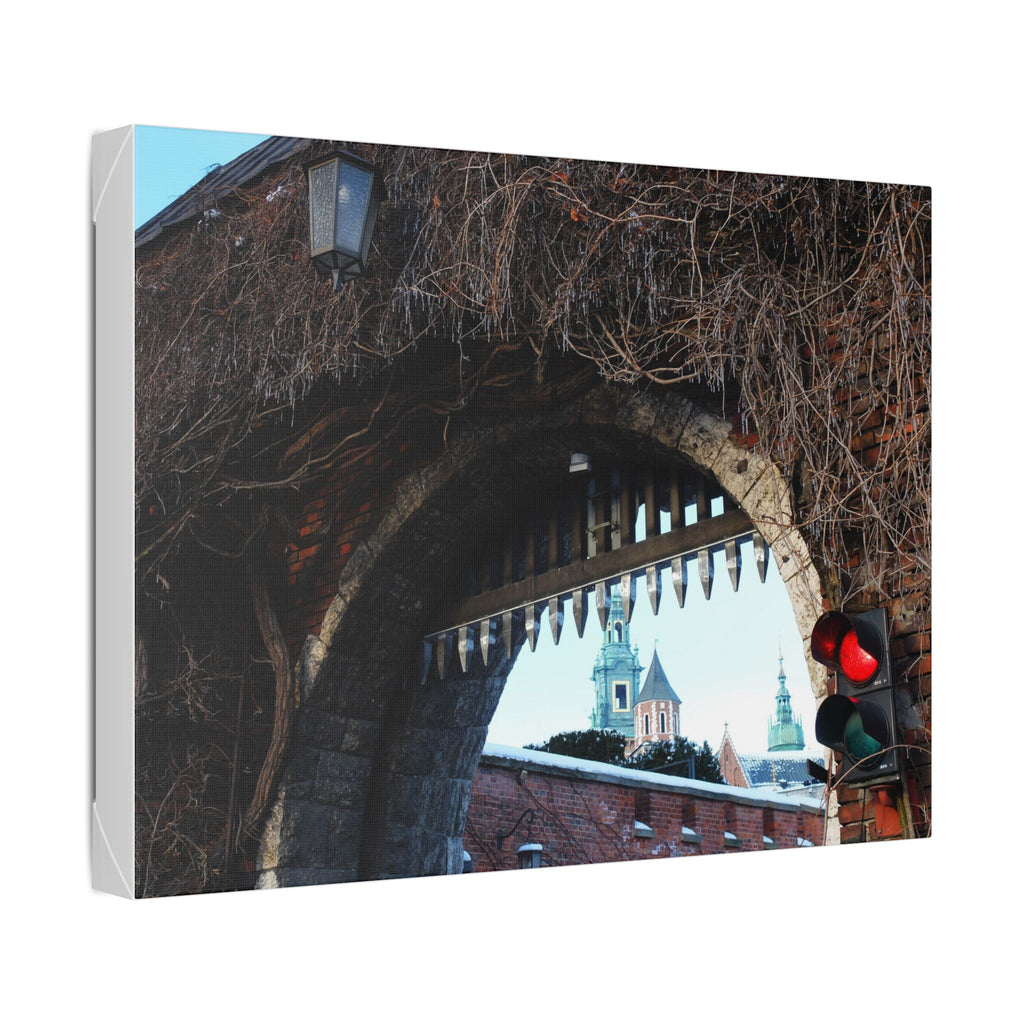 Historic City Arch Canvas Print — European Winter Street Scene Wall Art