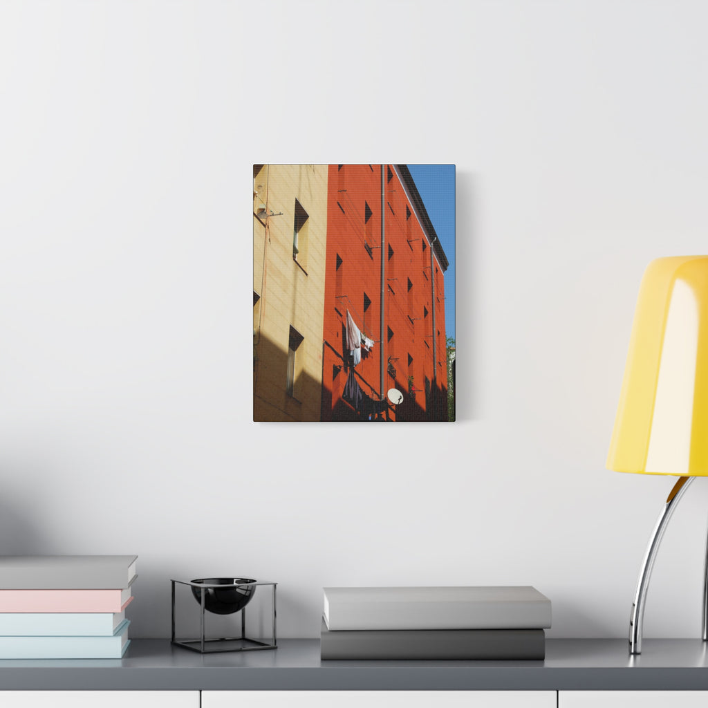 Spanish Facade Canvas Print — Colorful Apartment Building Wall Art on Matte Stretched Canvas