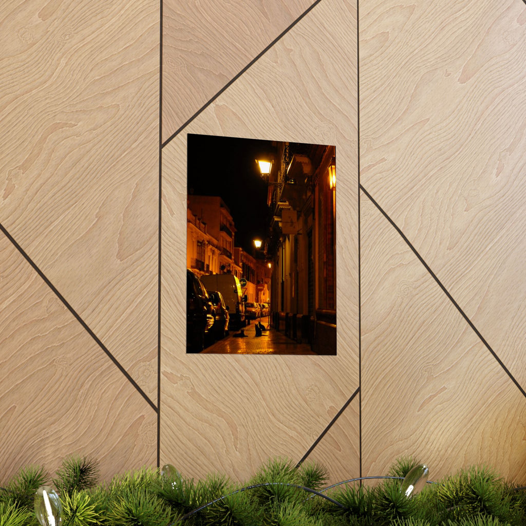 Secret Spanish Cat Committee Vertical Poster — Nighttime European Street with Warm Lamp Glow
