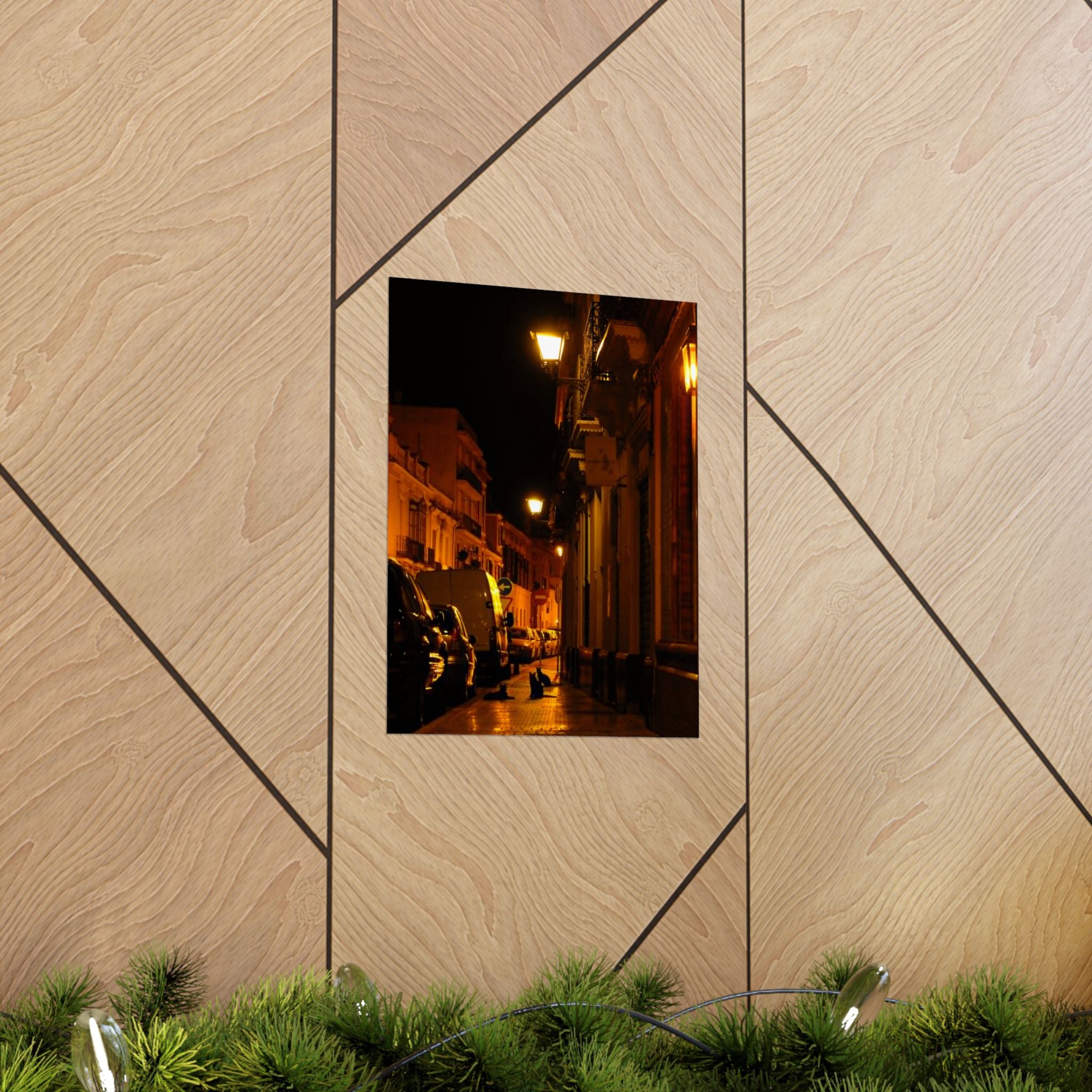 Secret Spanish Cat Committee Vertical Poster — Nighttime European Street with Warm Lamp Glow