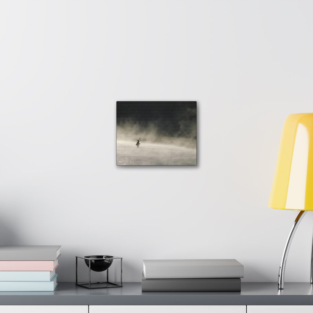Misty Solitude Canvas Print — Lone Fisherman Foggy Lake Wall Art