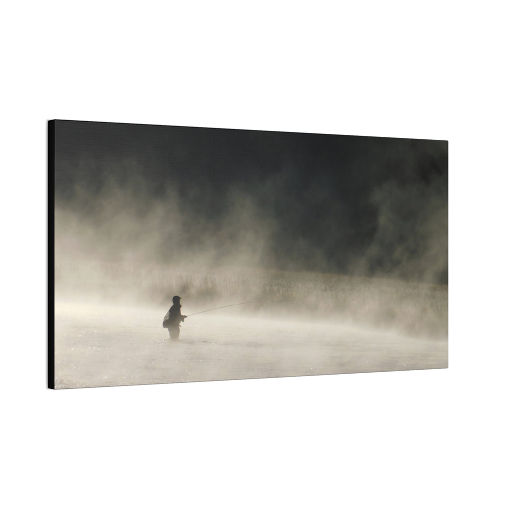 Misty Solitude Canvas Print — Lone Fisherman Foggy Lake Wall Art