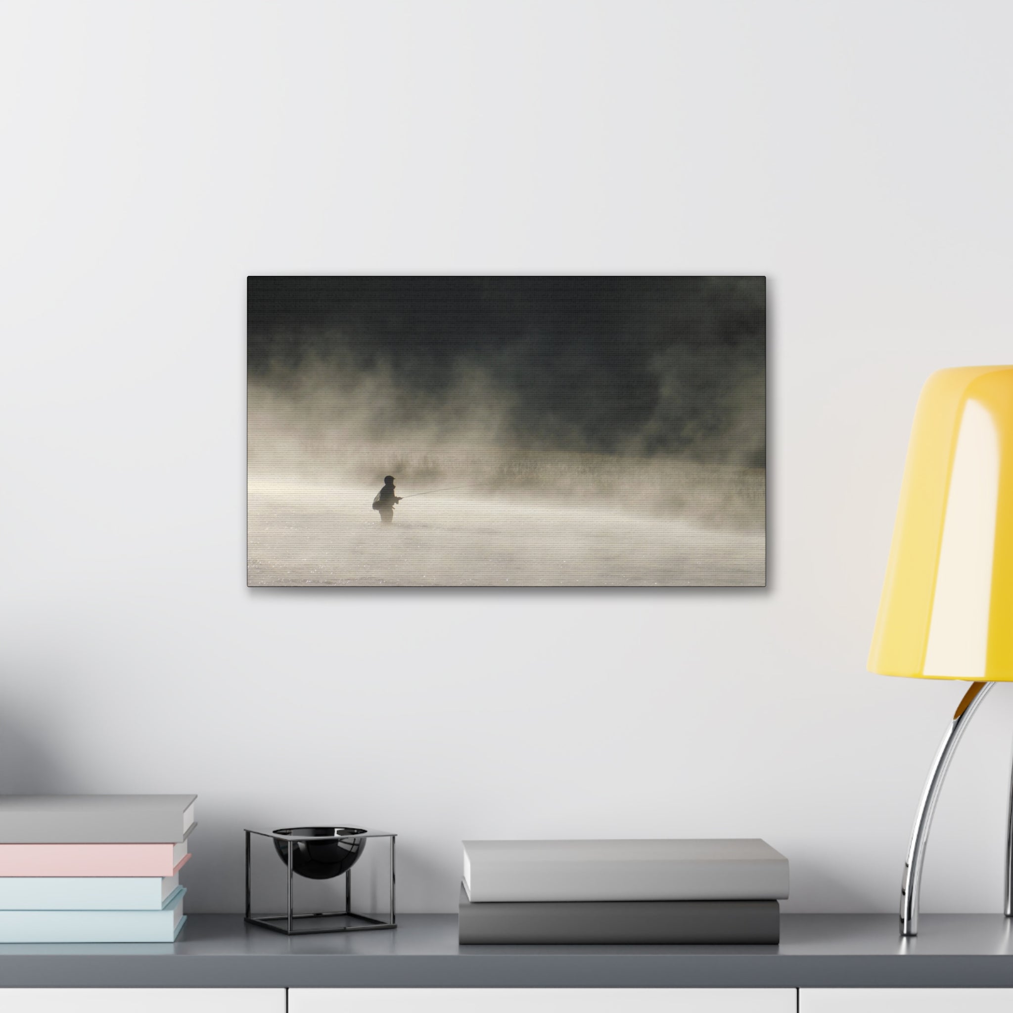Misty Solitude Canvas Print — Lone Fisherman Foggy Lake Wall Art