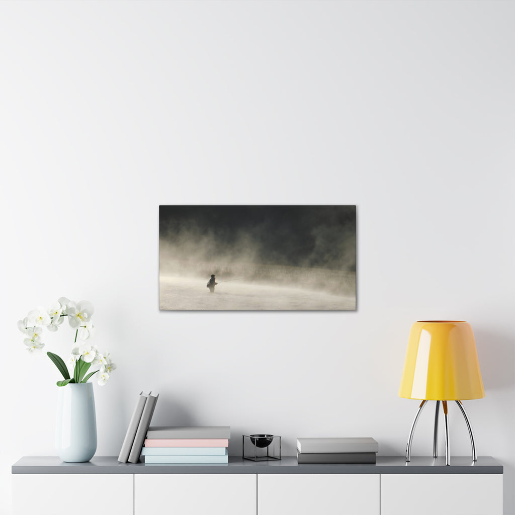 Misty Solitude Canvas Print — Lone Fisherman Foggy Lake Wall Art