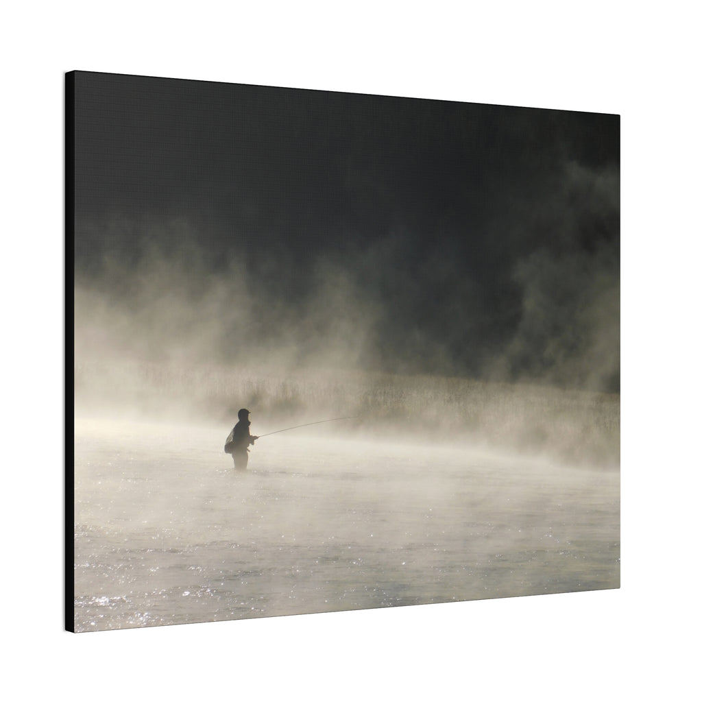 Misty Solitude Canvas Print — Lone Fisherman Foggy Lake Wall Art