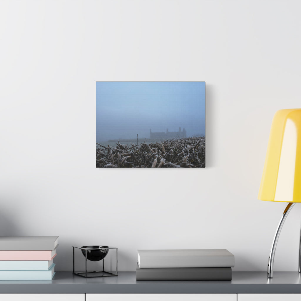 Frosty Morning Ruins Canvas Print — Misty Landscape Matte Stretched Wall Art