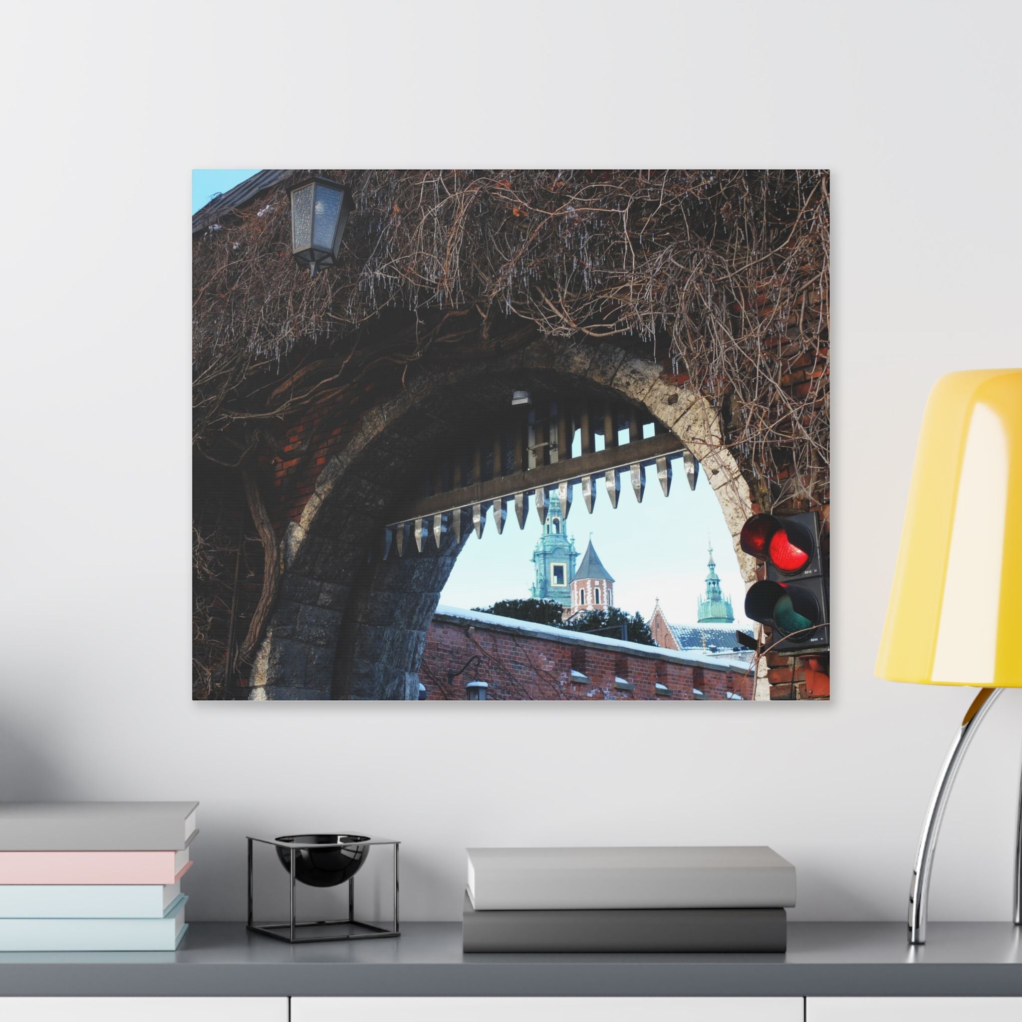 Historic City Arch Canvas Print — European Winter Street Scene Wall Art