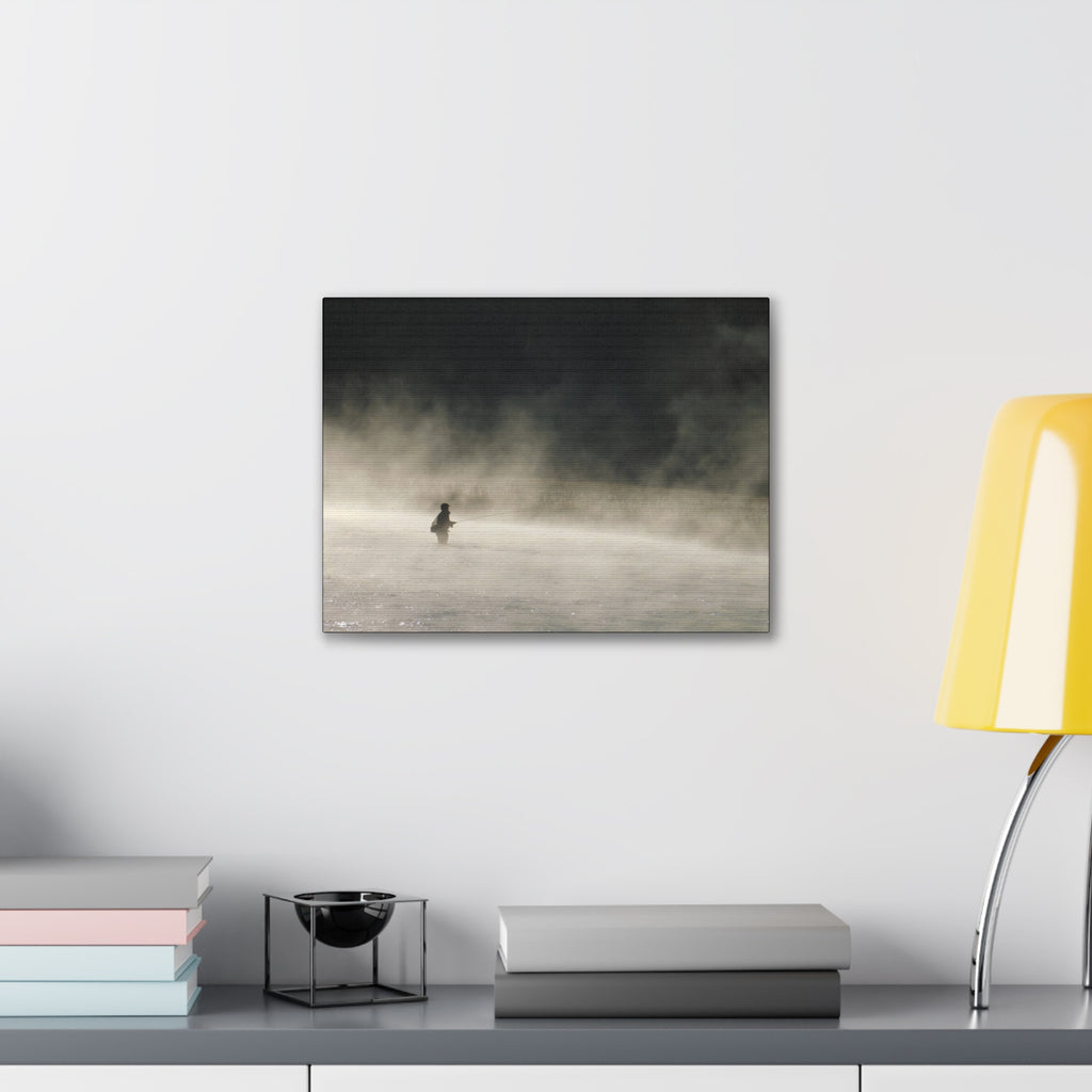 Misty Solitude Canvas Print — Lone Fisherman Foggy Lake Wall Art