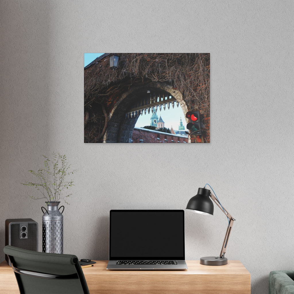 Historic City Arch Canvas Print — European Winter Street Scene Wall Art