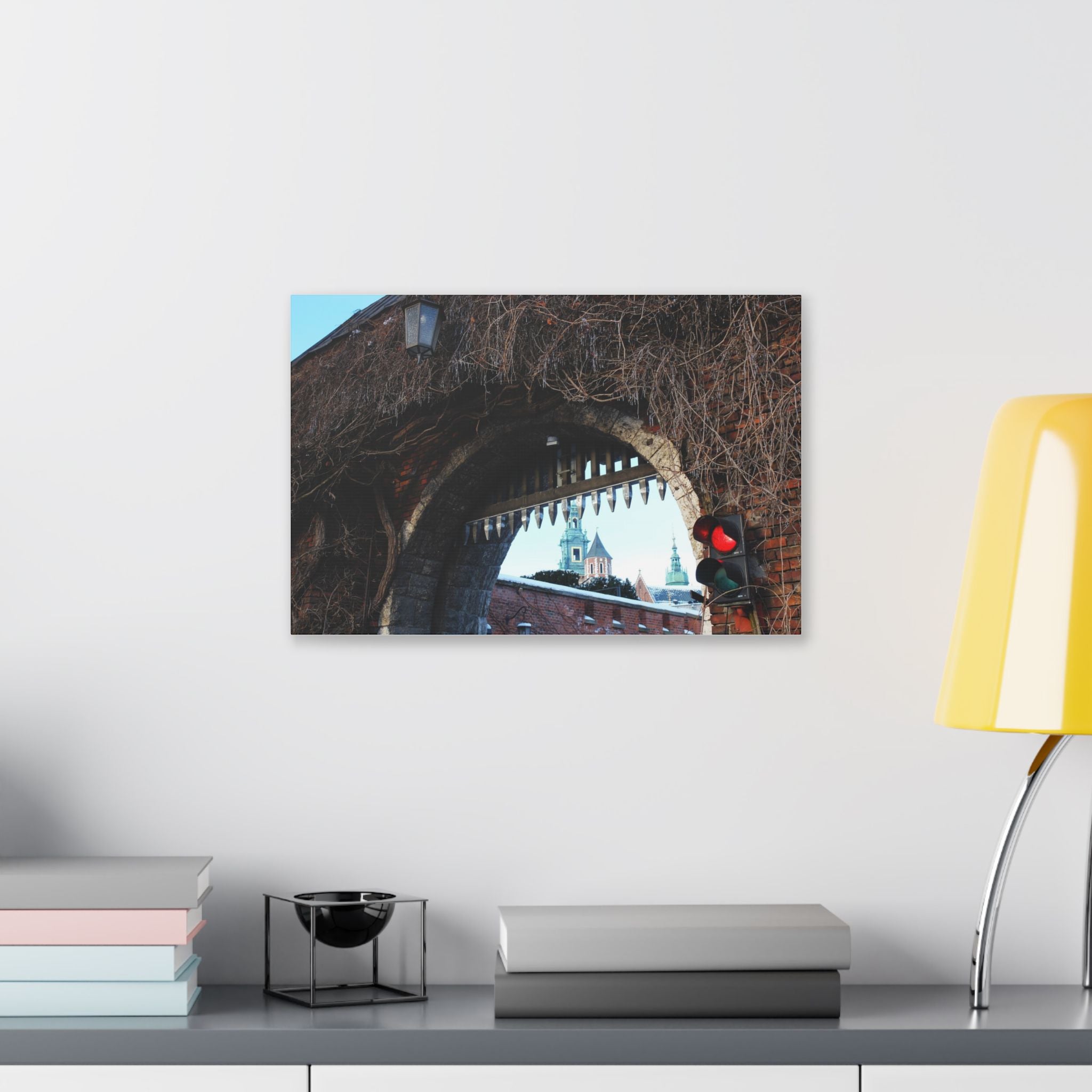 Historic City Arch Canvas Print — European Winter Street Scene Wall Art