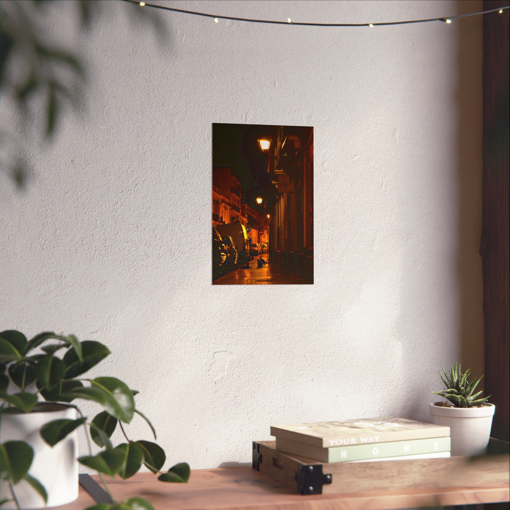 Secret Spanish Cat Committee Vertical Poster — Nighttime European Street with Warm Lamp Glow