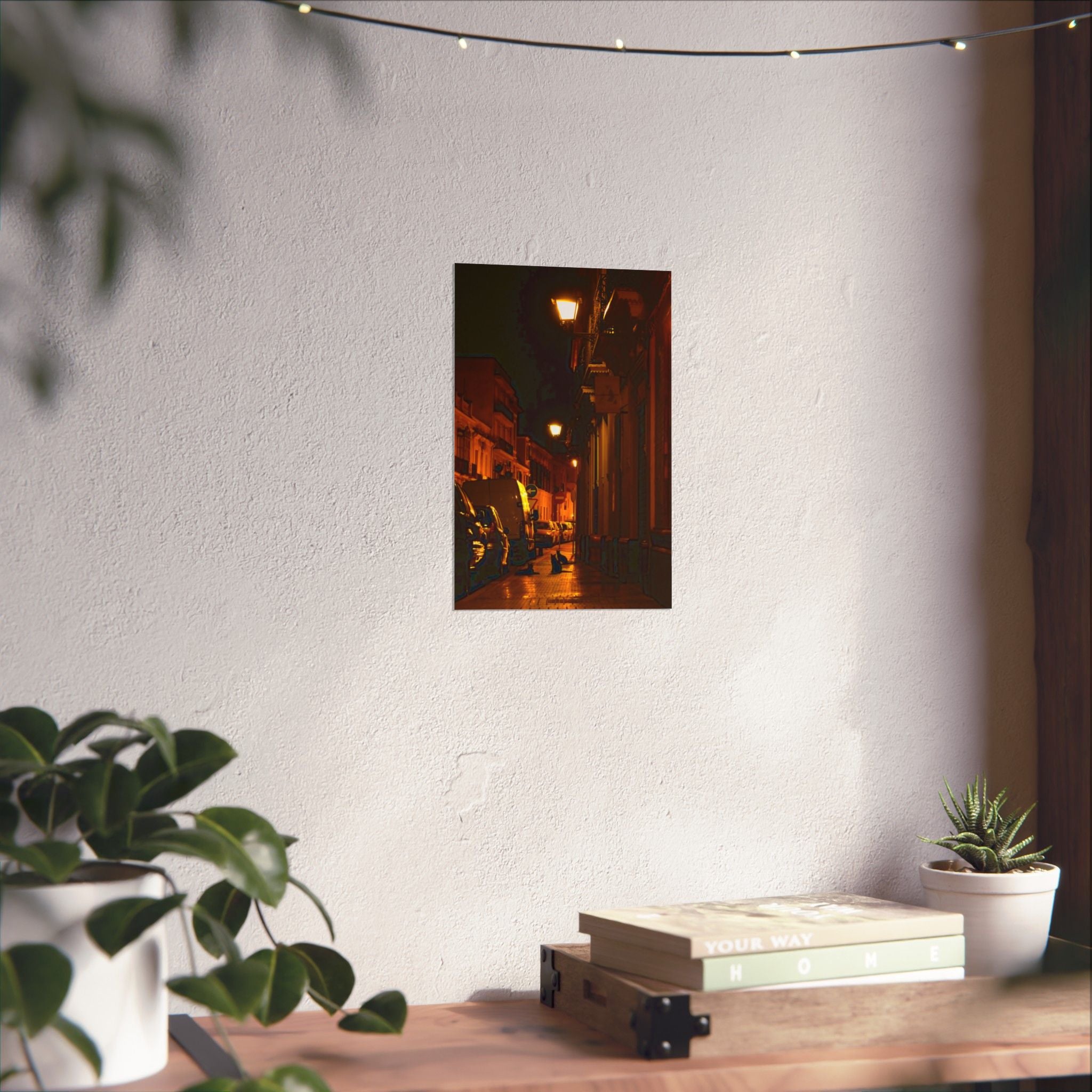 Secret Spanish Cat Committee Vertical Poster — Nighttime European Street with Warm Lamp Glow