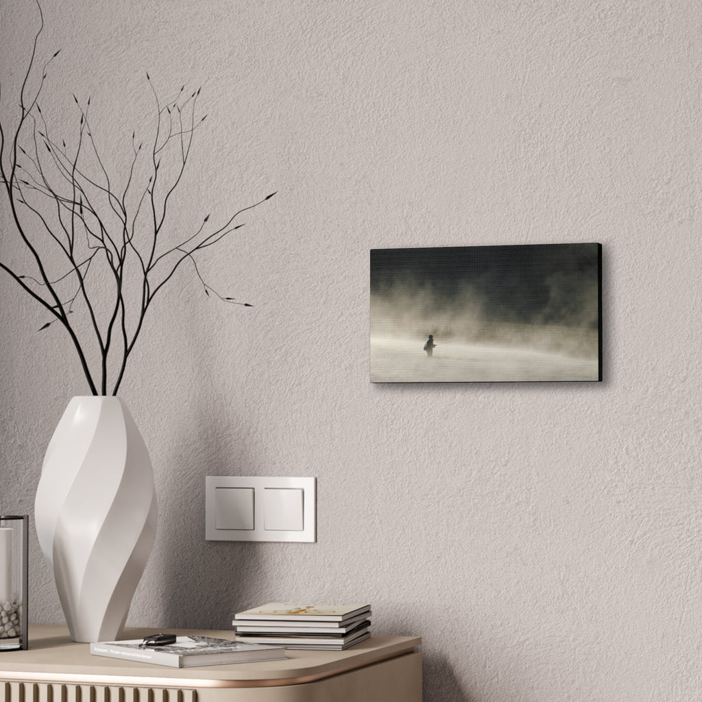 Misty Solitude Canvas Print — Lone Fisherman Foggy Lake Wall Art