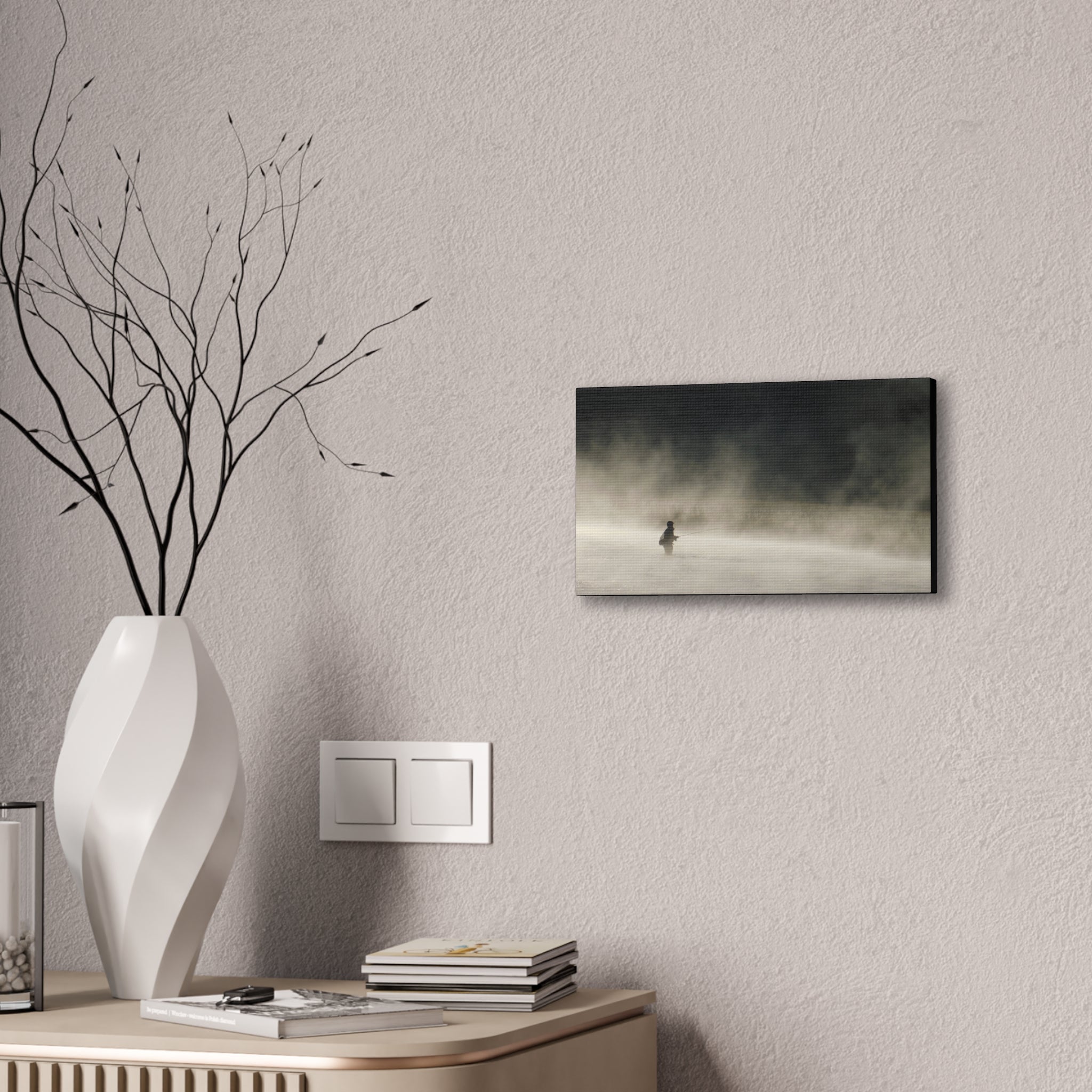 Misty Solitude Canvas Print — Lone Fisherman Foggy Lake Wall Art