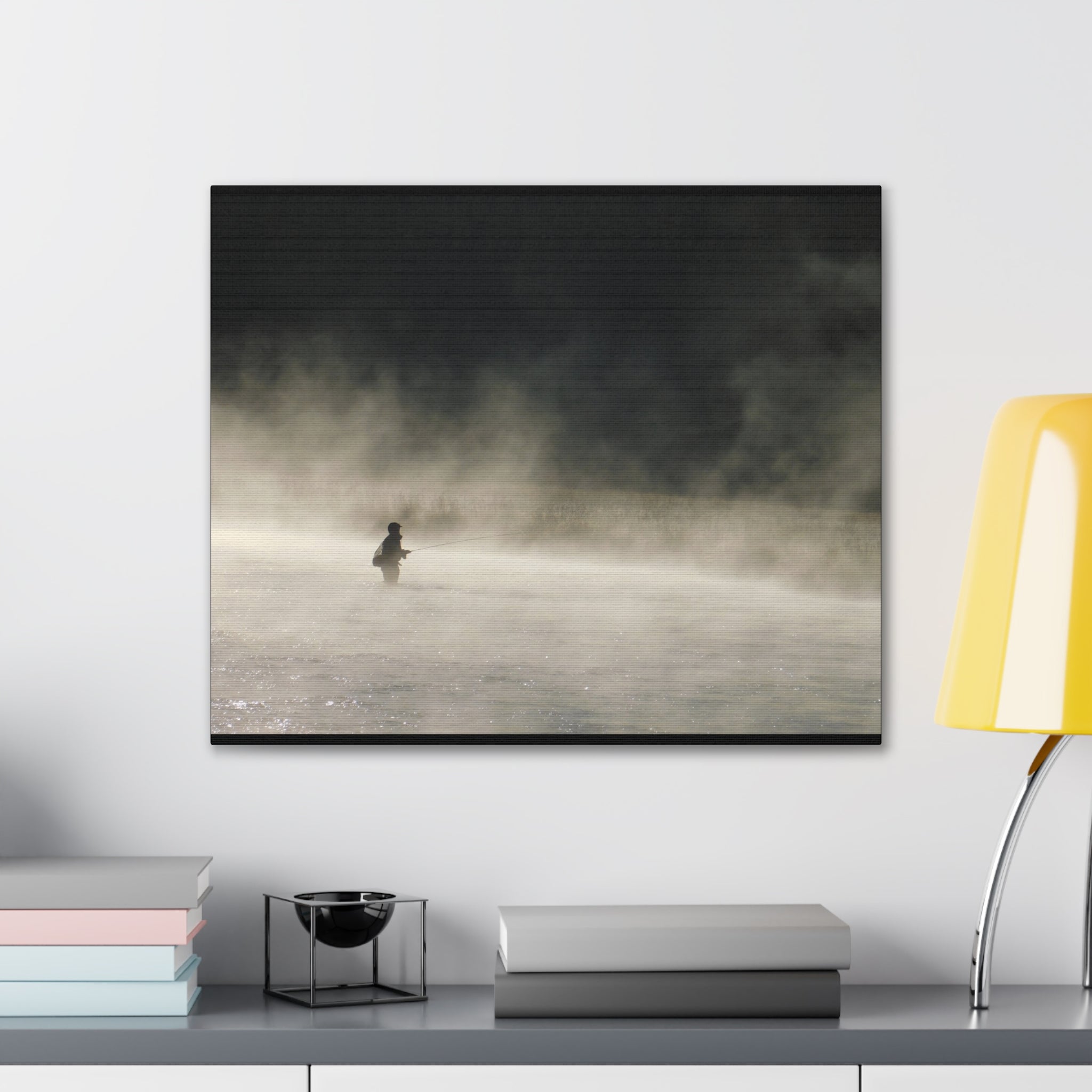 Misty Solitude Canvas Print — Lone Fisherman Foggy Lake Wall Art