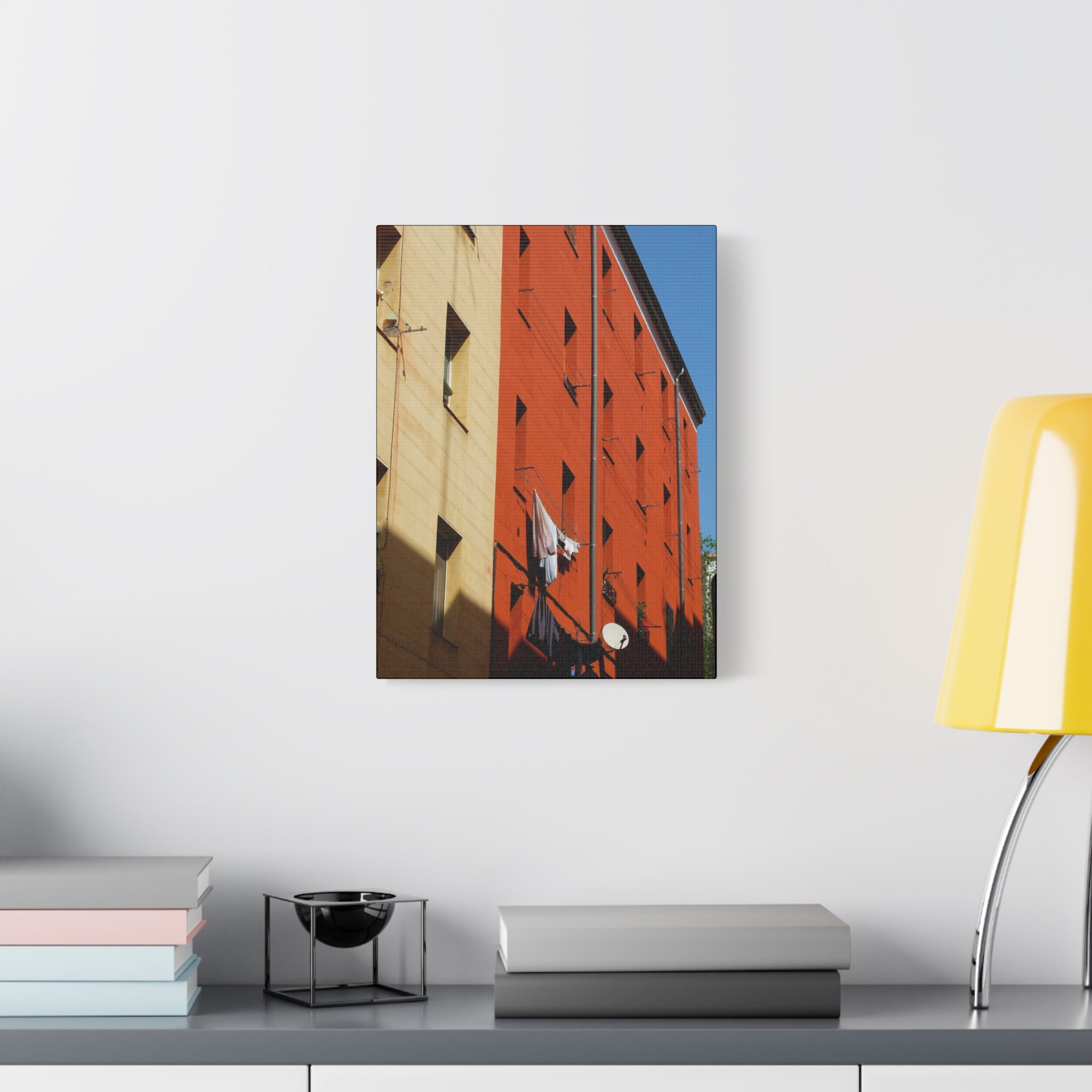 Spanish Facade Canvas Print — Colorful Apartment Building Wall Art on Matte Stretched Canvas
