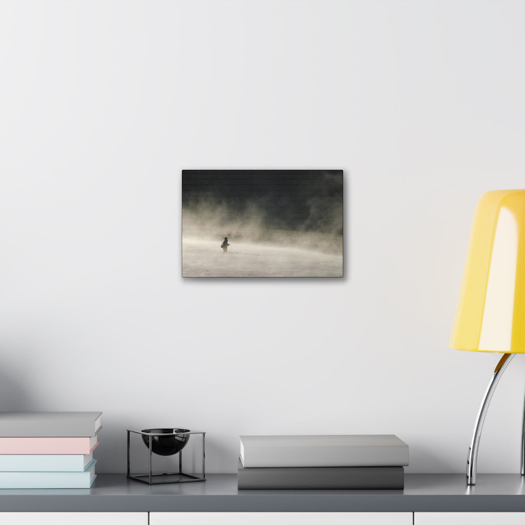 Misty Solitude Canvas Print — Lone Fisherman Foggy Lake Wall Art