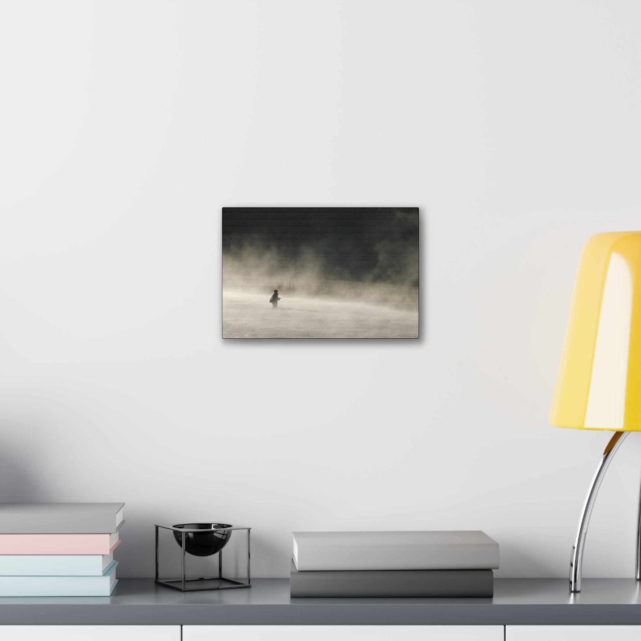 Misty Solitude Canvas Print — Lone Fisherman Foggy Lake Wall Art