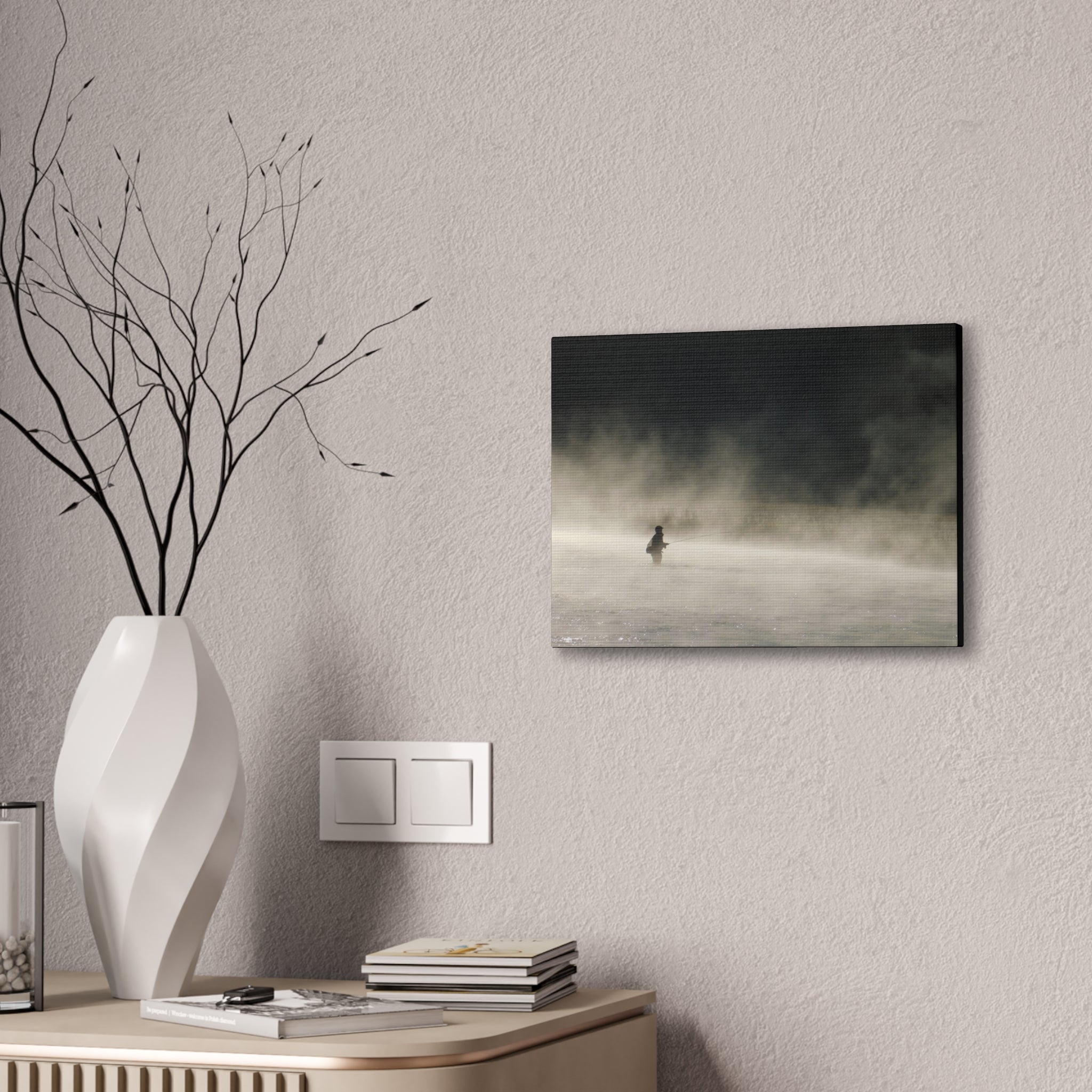 Misty Solitude Canvas Print — Lone Fisherman Foggy Lake Wall Art
