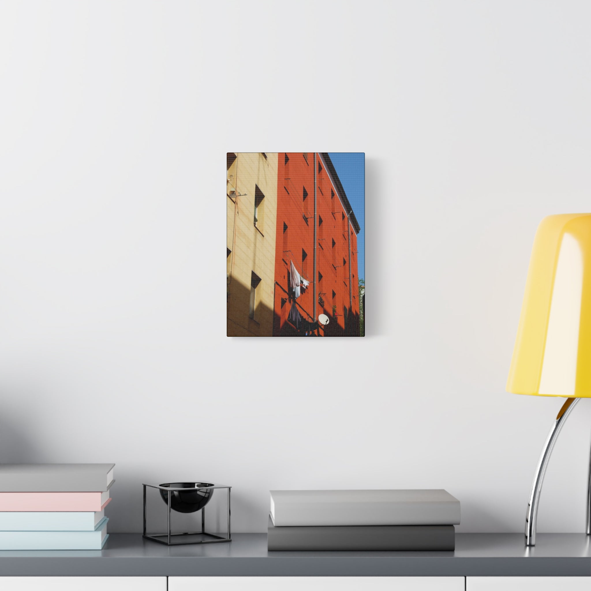 Spanish Facade Canvas Print — Colorful Apartment Building Wall Art on Matte Stretched Canvas