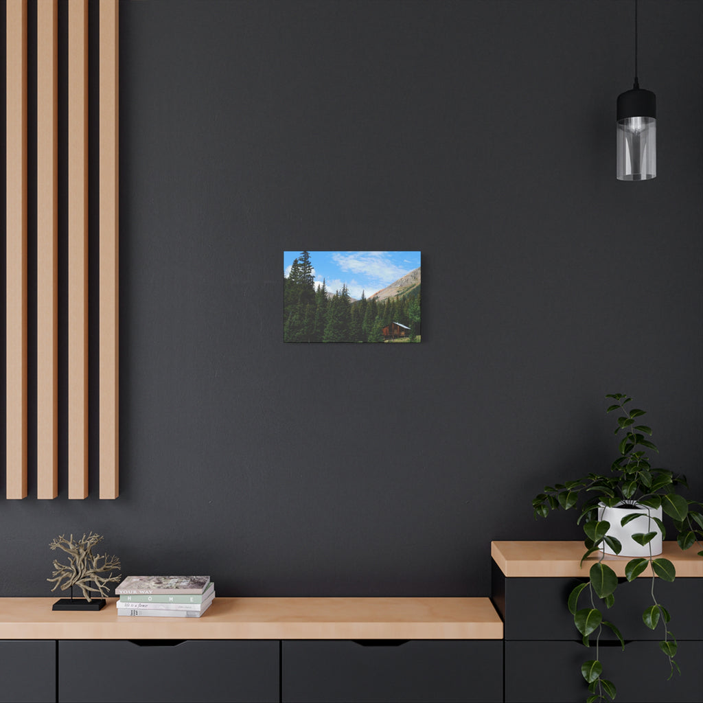 Mountain Cabin Canvas Wall Art — Rustic Forest Lodge Landscape Print