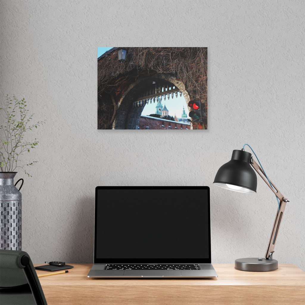 Historic City Arch Canvas Print — European Winter Street Scene Wall Art