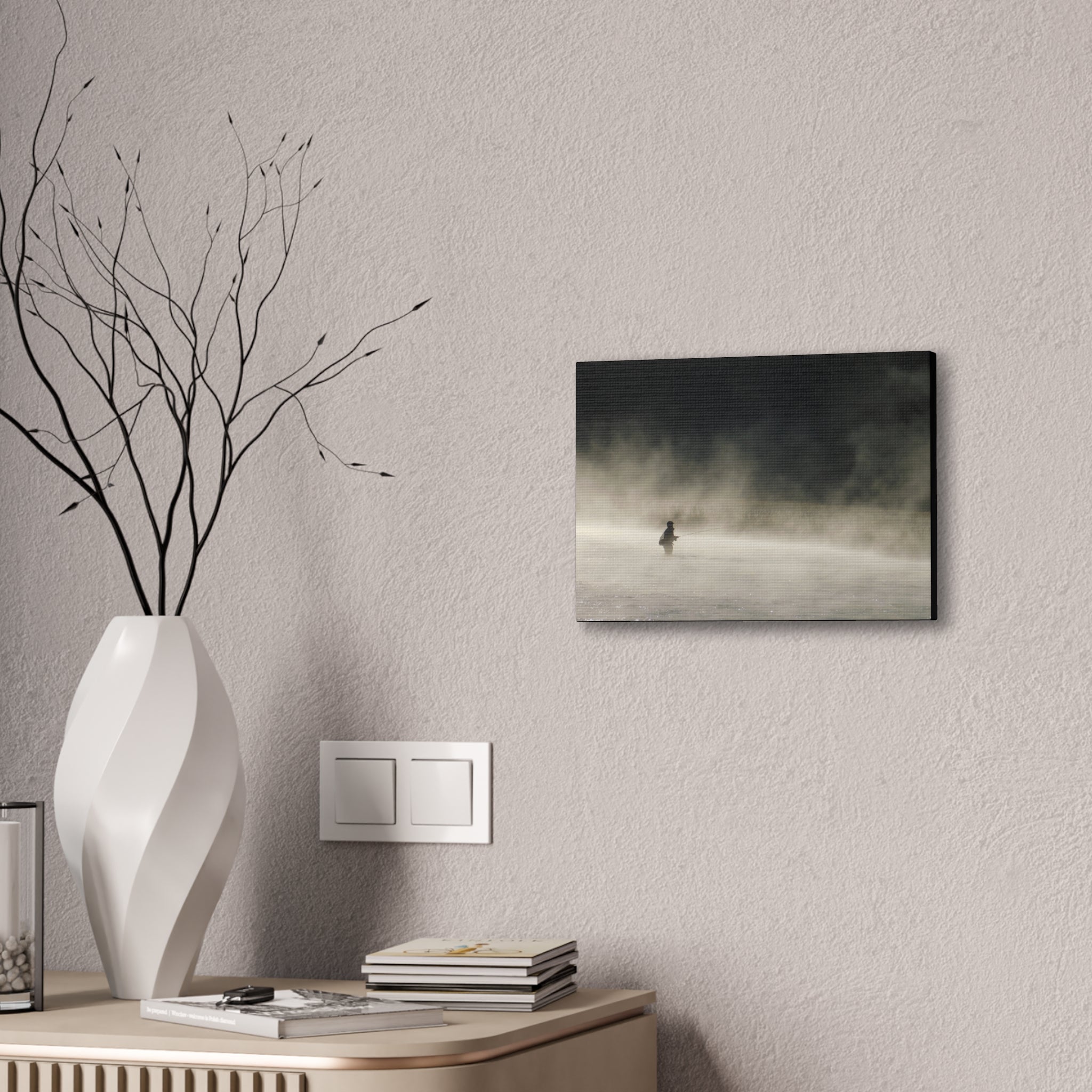 Misty Solitude Canvas Print — Lone Fisherman Foggy Lake Wall Art