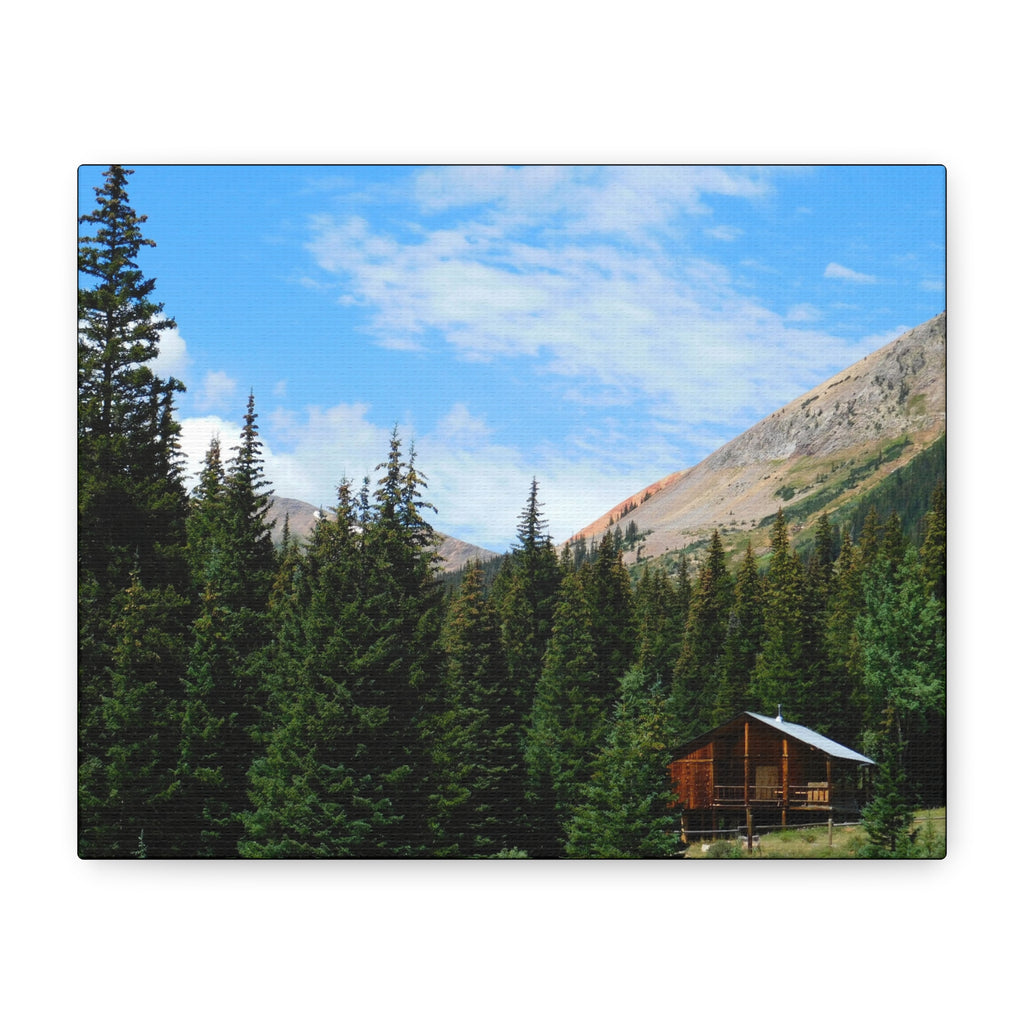 Mountain Cabin Canvas Wall Art — Rustic Forest Lodge Landscape Print