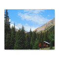 Mountain Cabin Canvas Wall Art — Rustic Forest Lodge Landscape Print