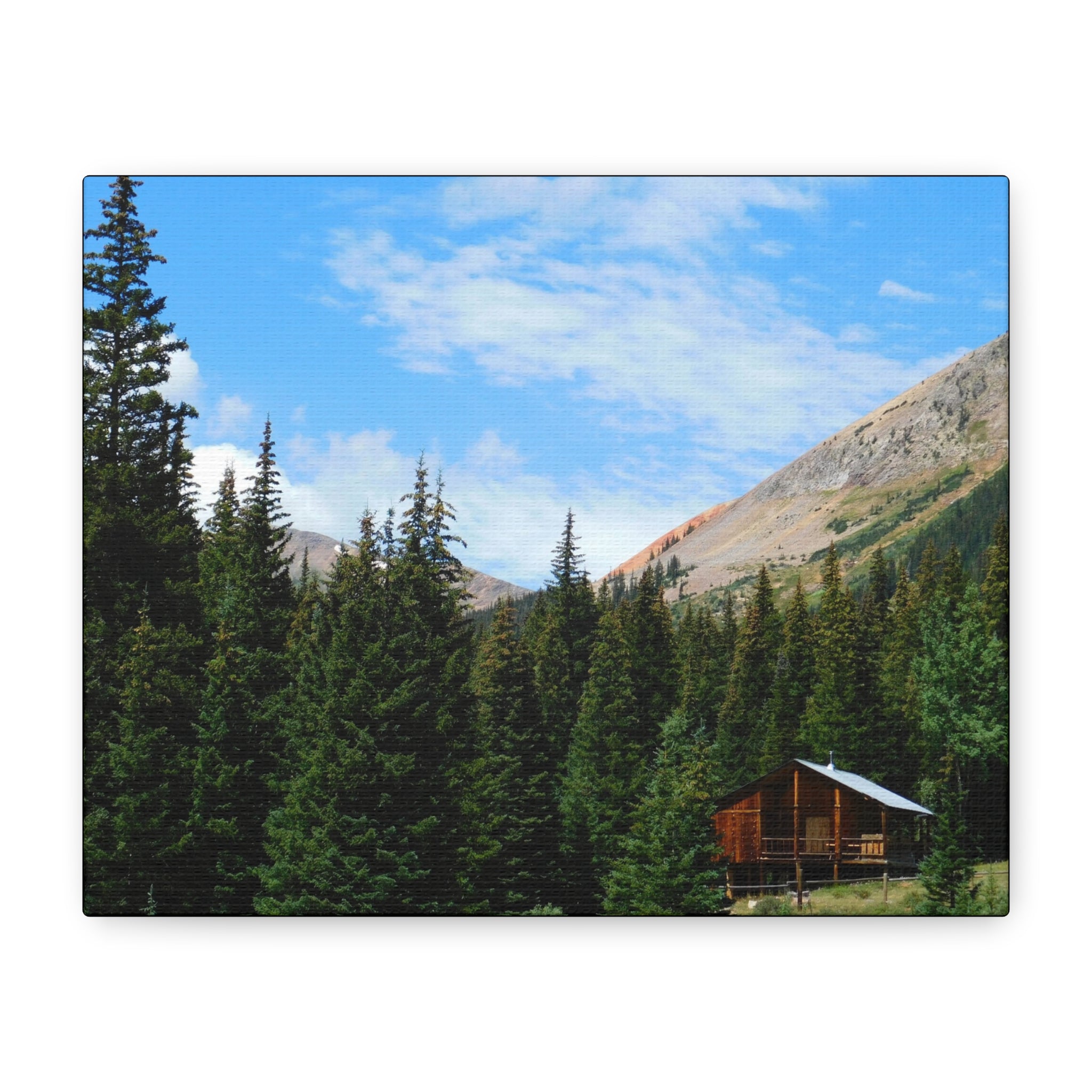 Mountain Cabin Canvas Wall Art — Rustic Forest Lodge Landscape Print