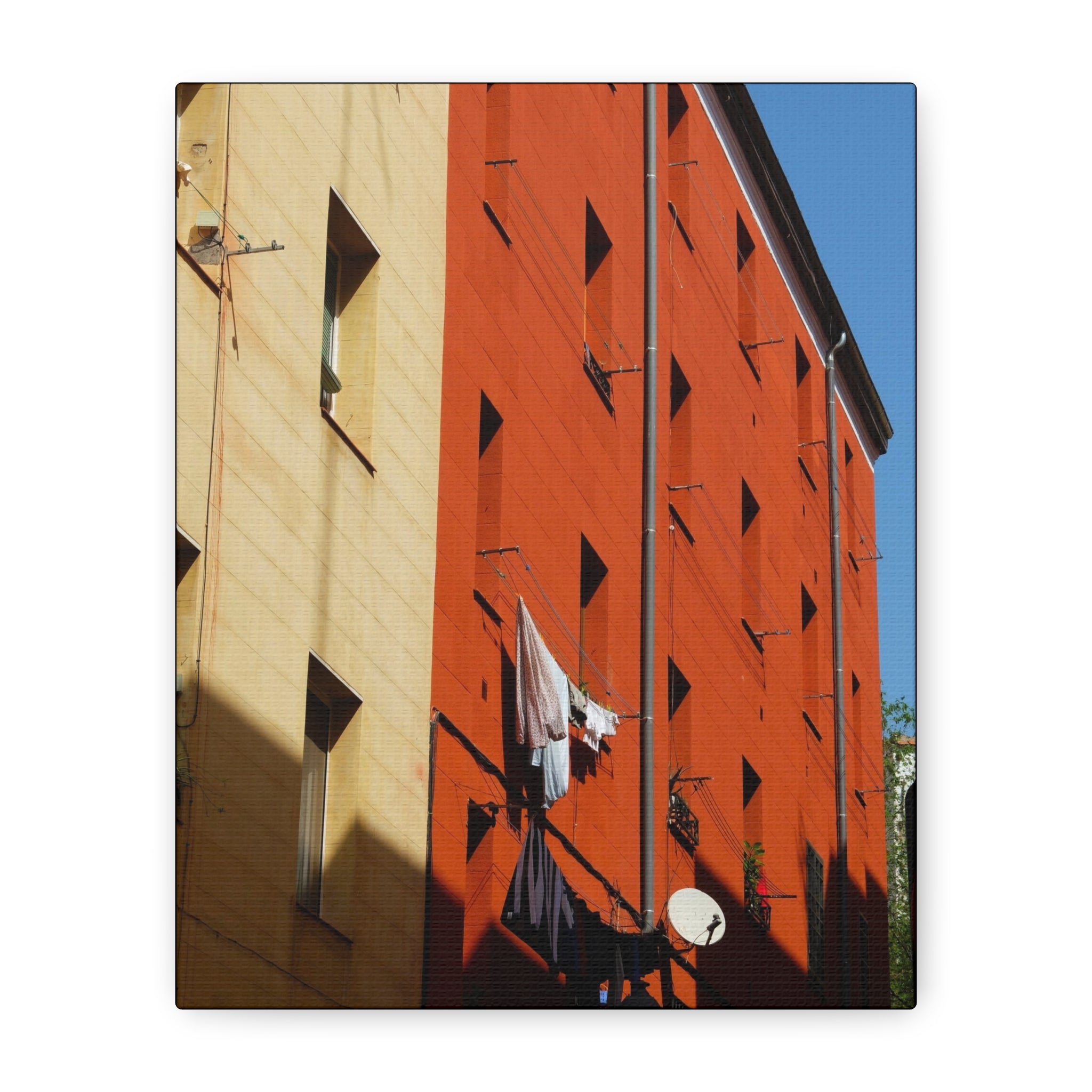 Spanish Facade Canvas Print — Colorful Apartment Building Wall Art on Matte Stretched Canvas