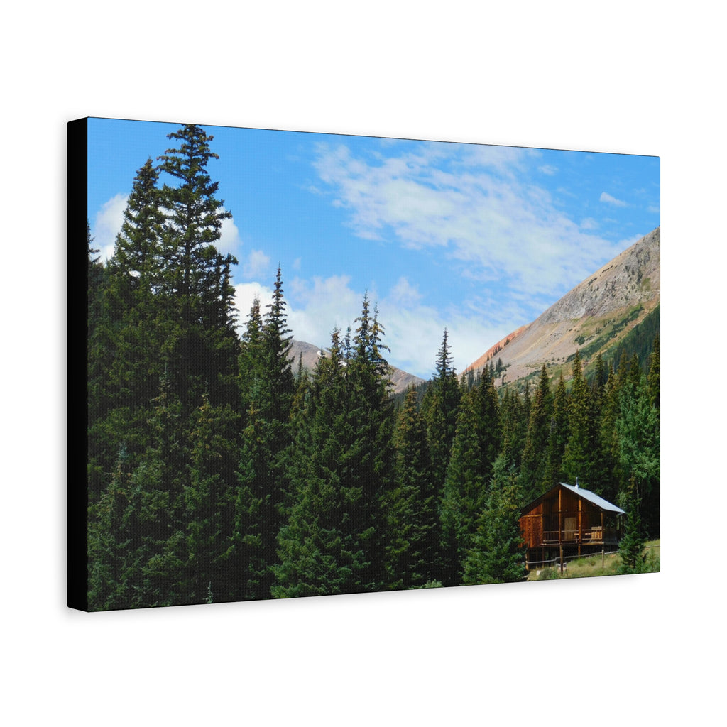 Mountain Cabin Canvas Wall Art — Rustic Forest Lodge Landscape Print