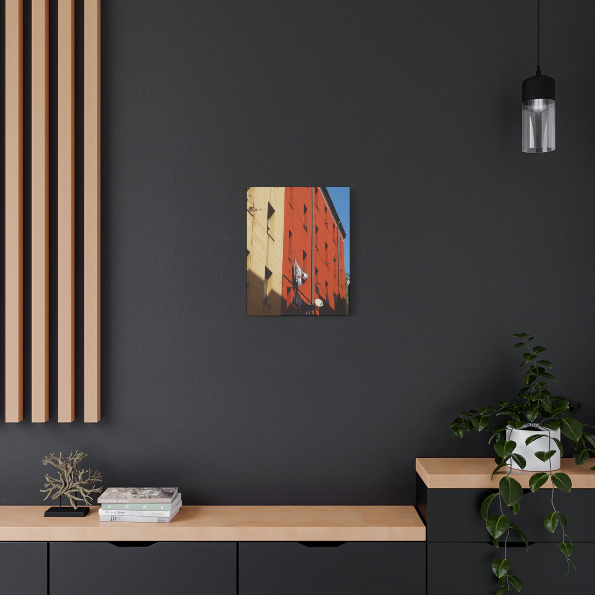 Spanish Facade Canvas Print — Colorful Apartment Building Wall Art on Matte Stretched Canvas