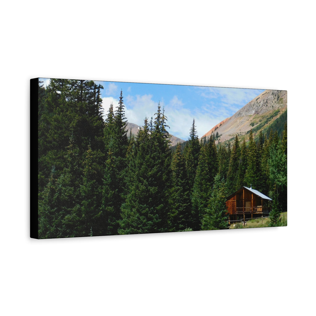 Mountain Cabin Canvas Wall Art — Rustic Forest Lodge Landscape Print